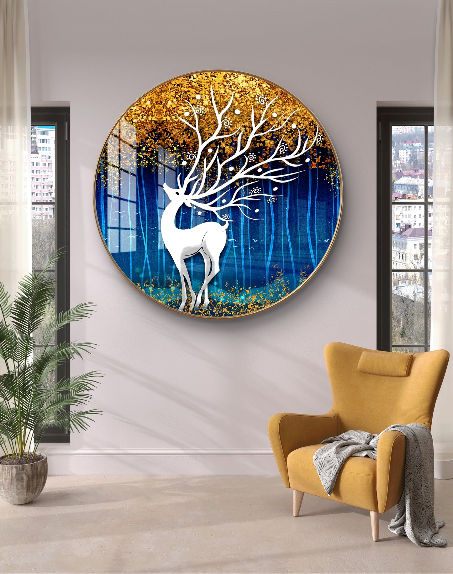 Round silver deer with blue-golden background crystal resin art work
