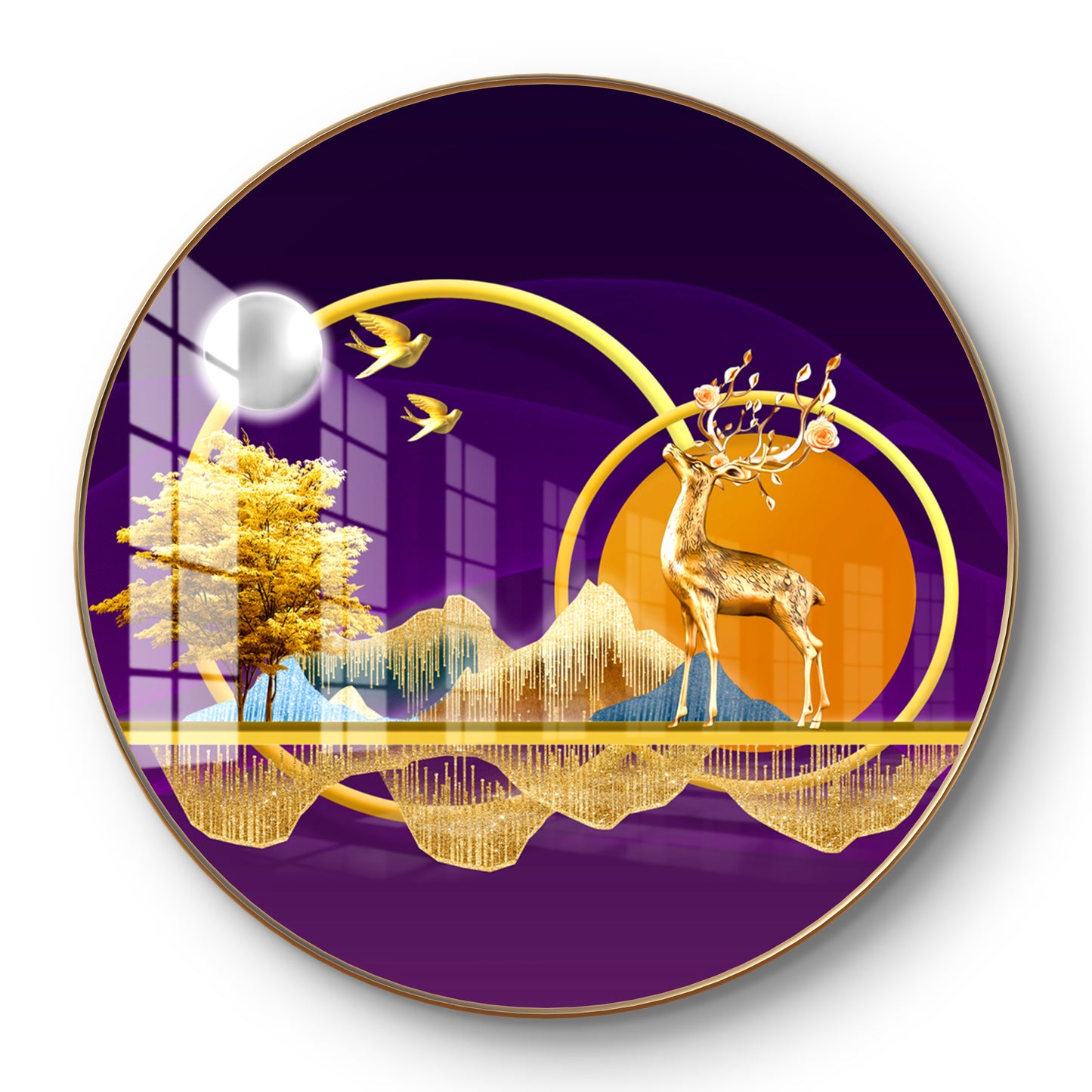 Round golden tree & deer crystal resin art work