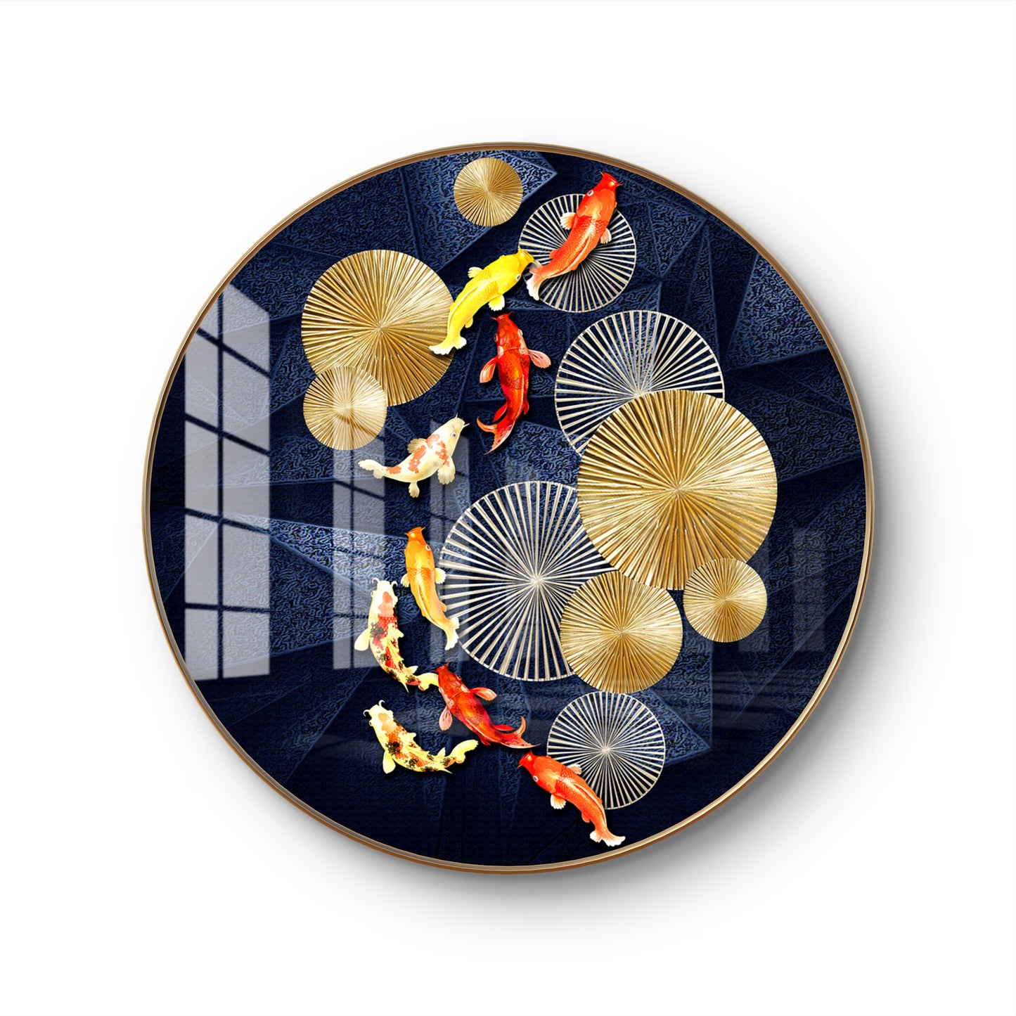 Round fish golden metal spheres crystal resin art work