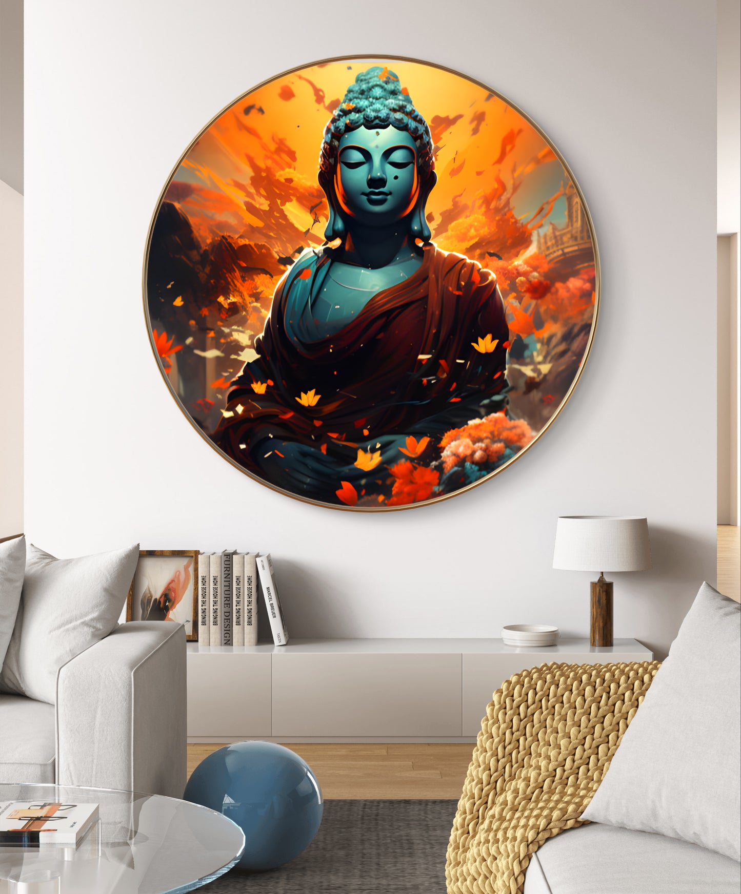 Round epoxy resin Buddha with flowers and orange background painting