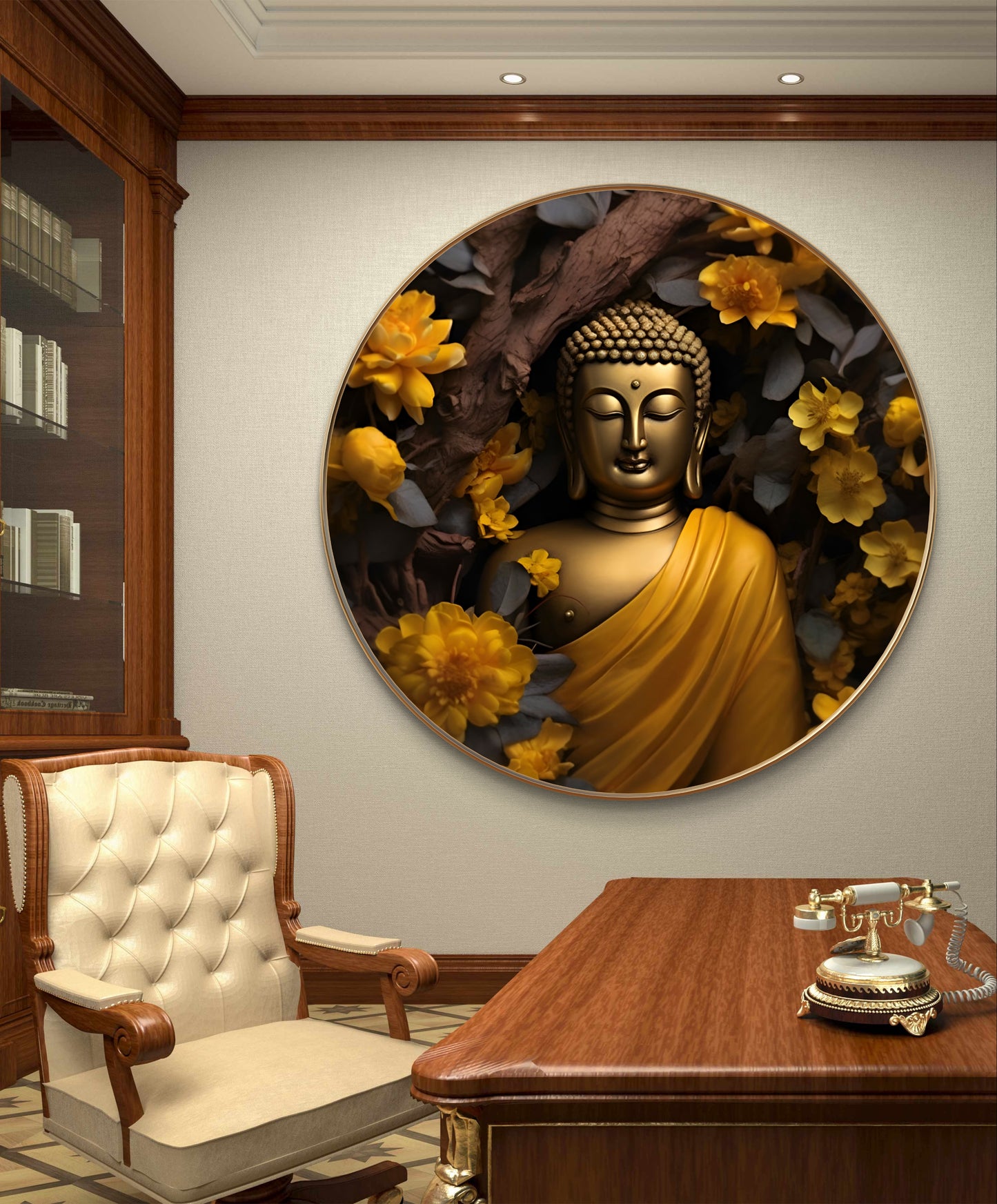 Round epoxy resin yellow flowers with Buddha statue painting