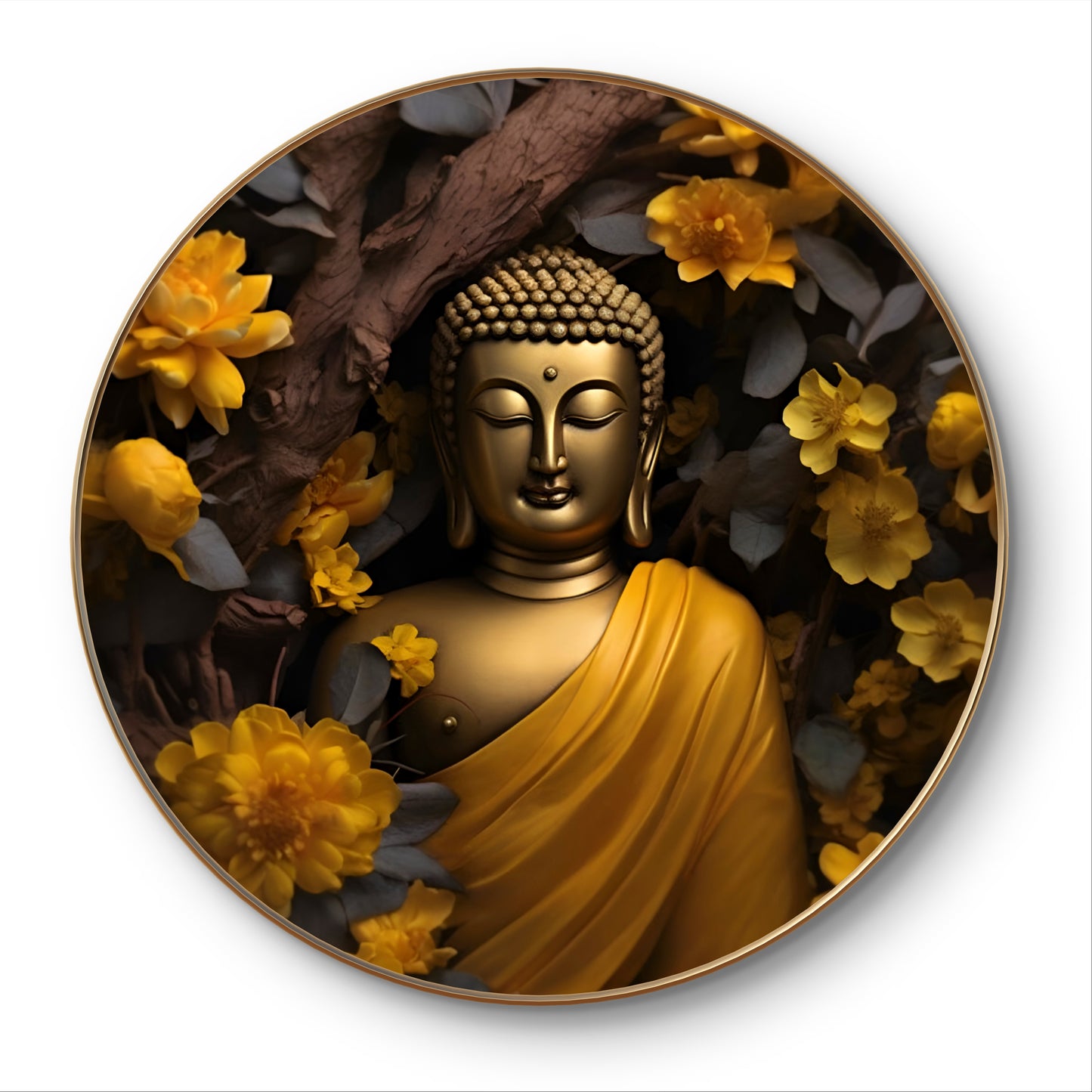 Round epoxy resin yellow flowers with Buddha statue painting