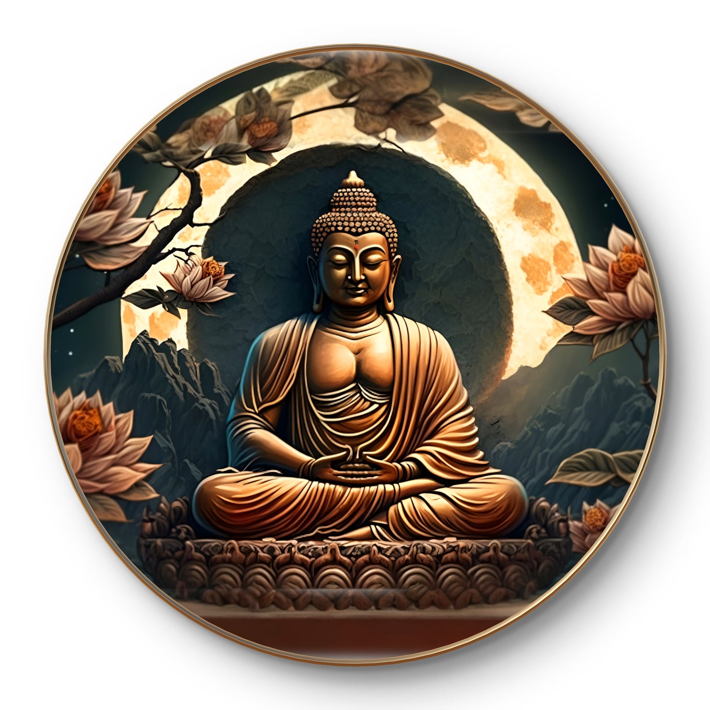 Round epoxy resin cooper Buddha statue painting with flowers