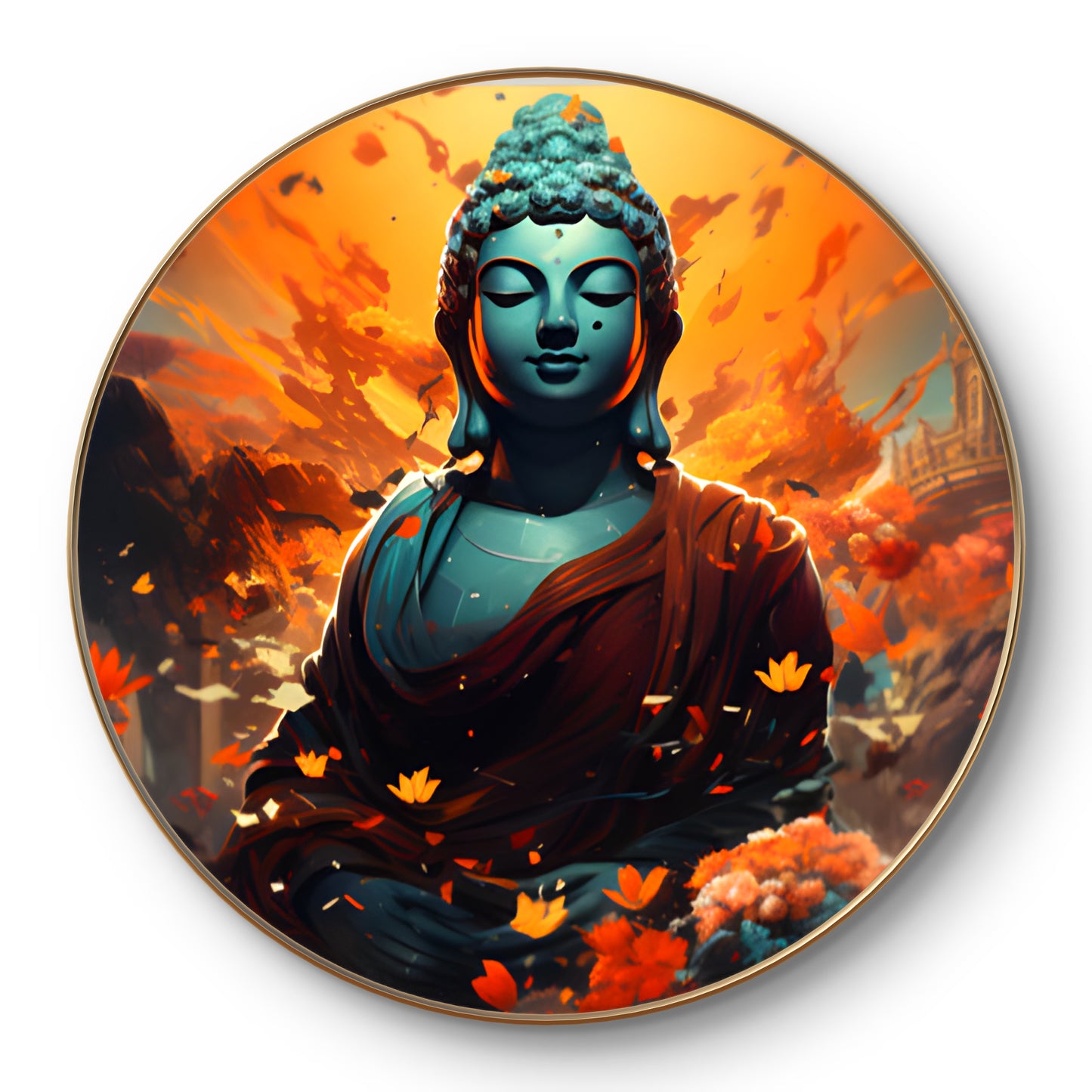 Round epoxy resin Buddha with flowers and orange background painting
