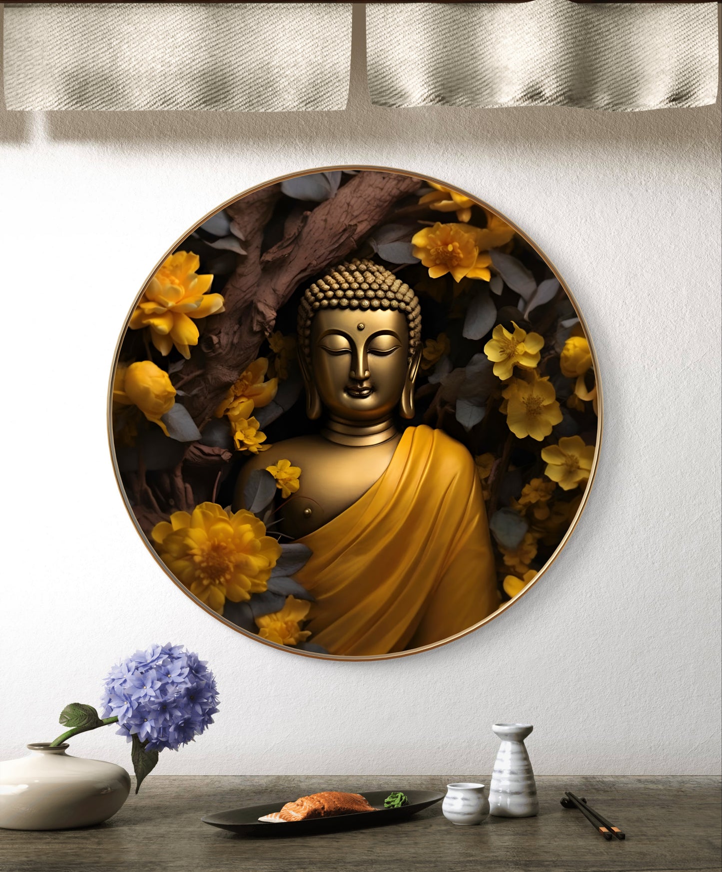 Round epoxy resin yellow flowers with Buddha statue painting