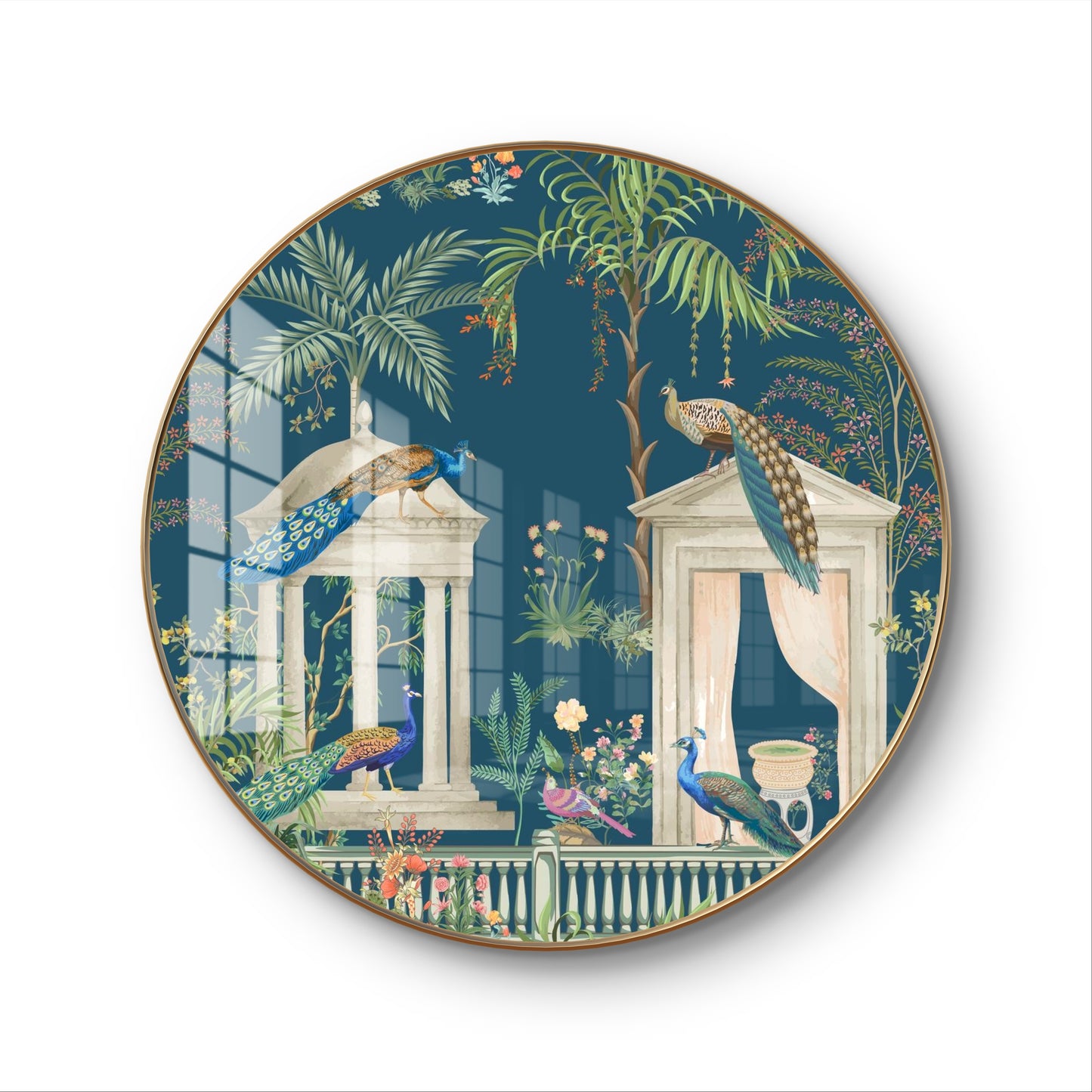 Round golden crystal peacock pichwai painting