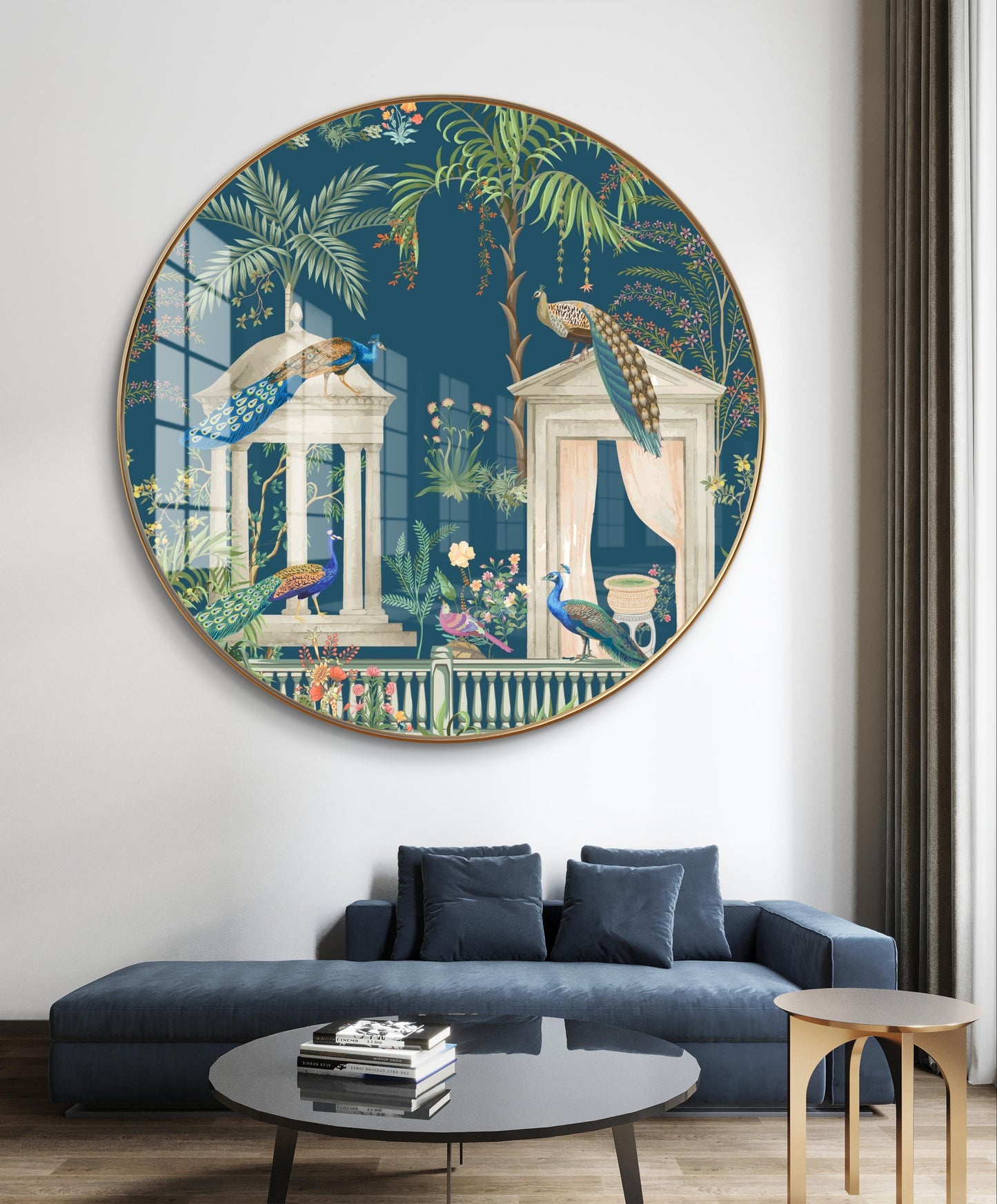 Round golden crystal peacock pichwai painting