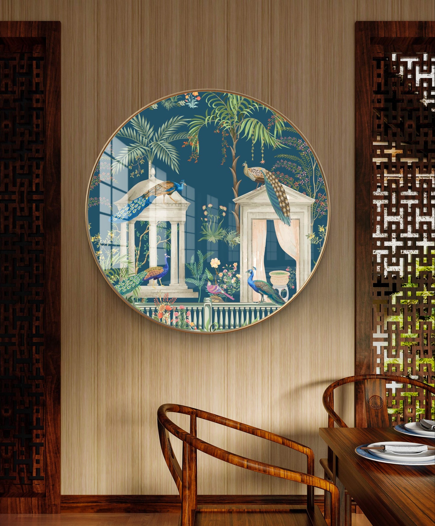 Round golden crystal peacock pichwai painting