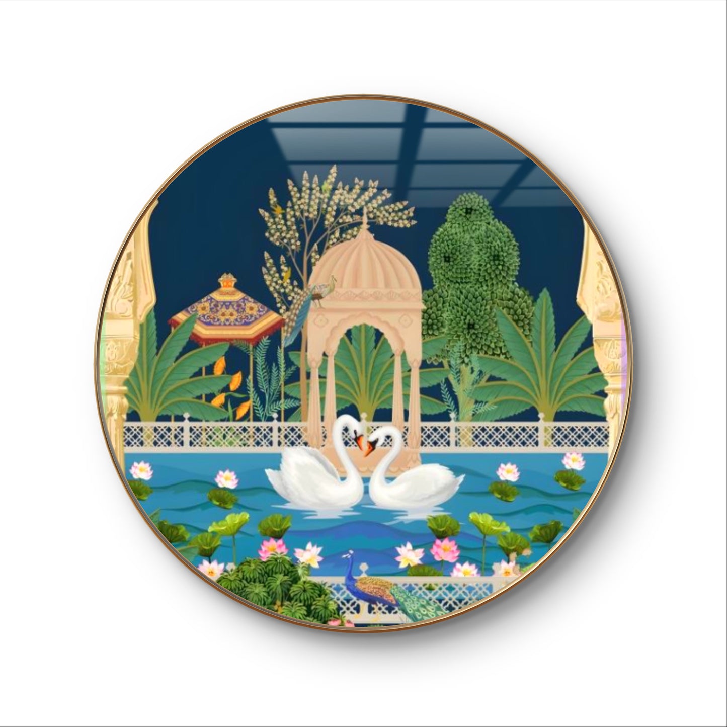 Round crystal golden 2 swans pichwai painting