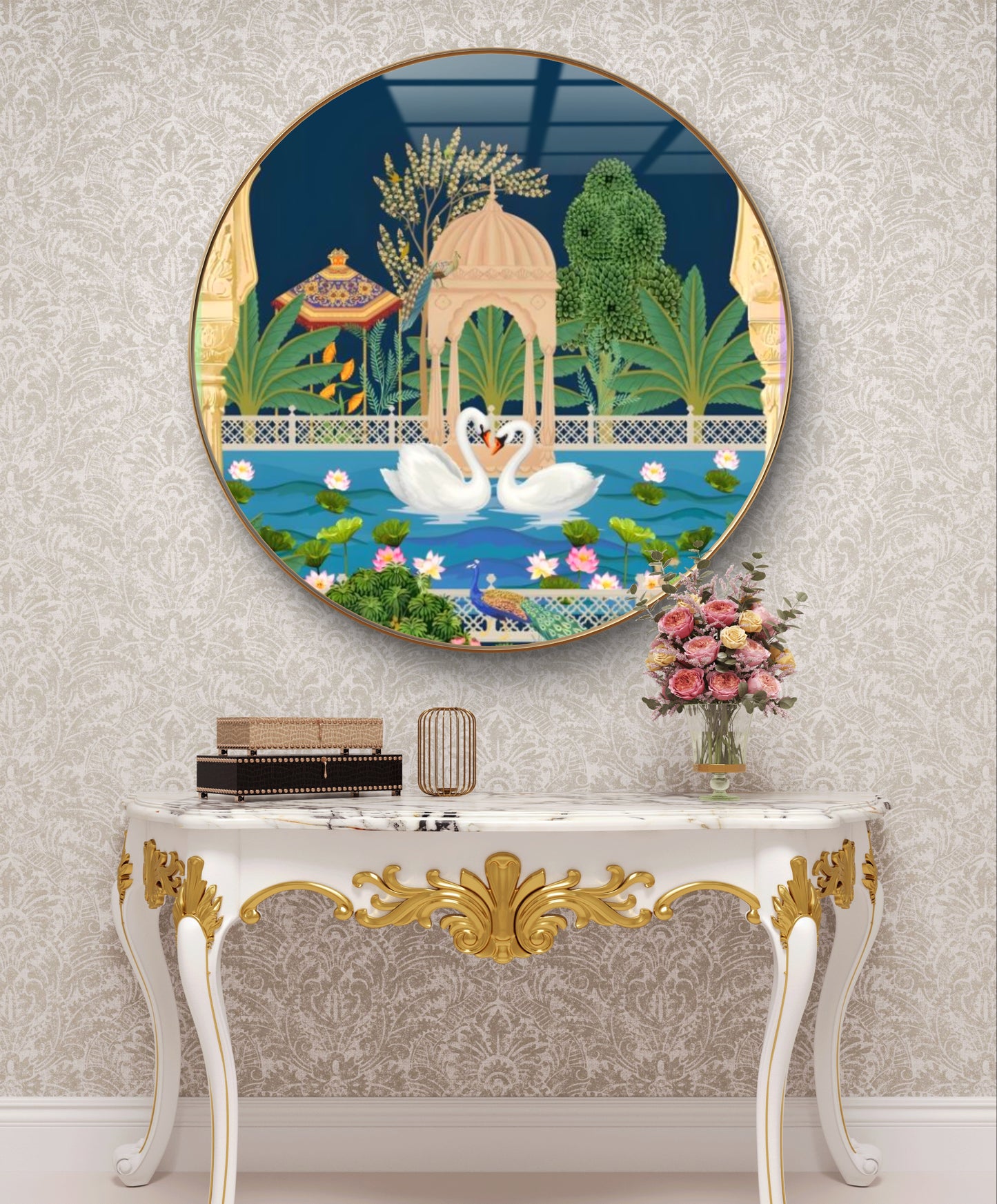 Round crystal golden 2 swans pichwai painting