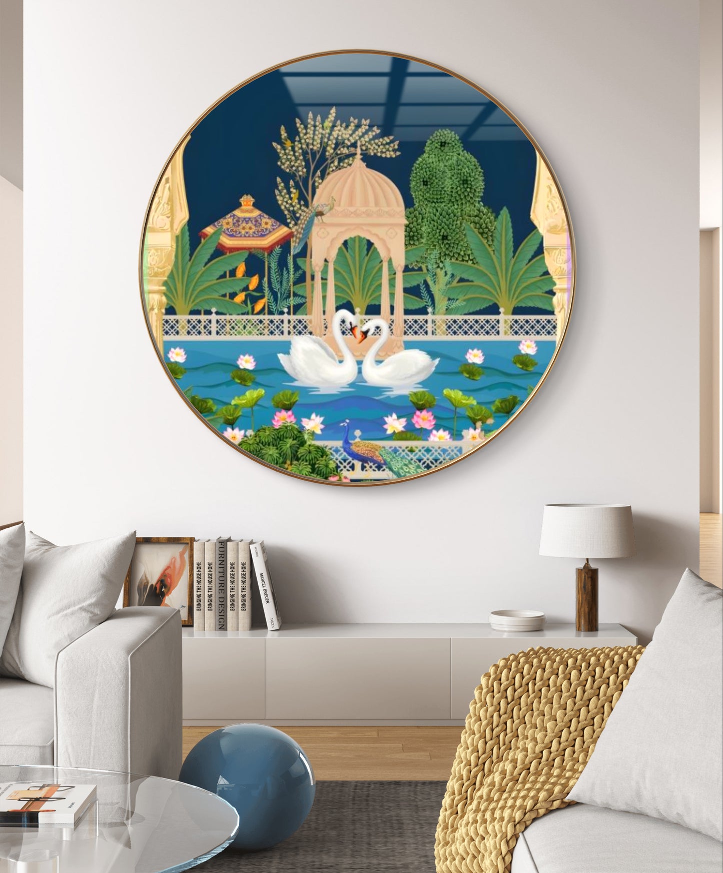 Round crystal golden 2 swans pichwai painting