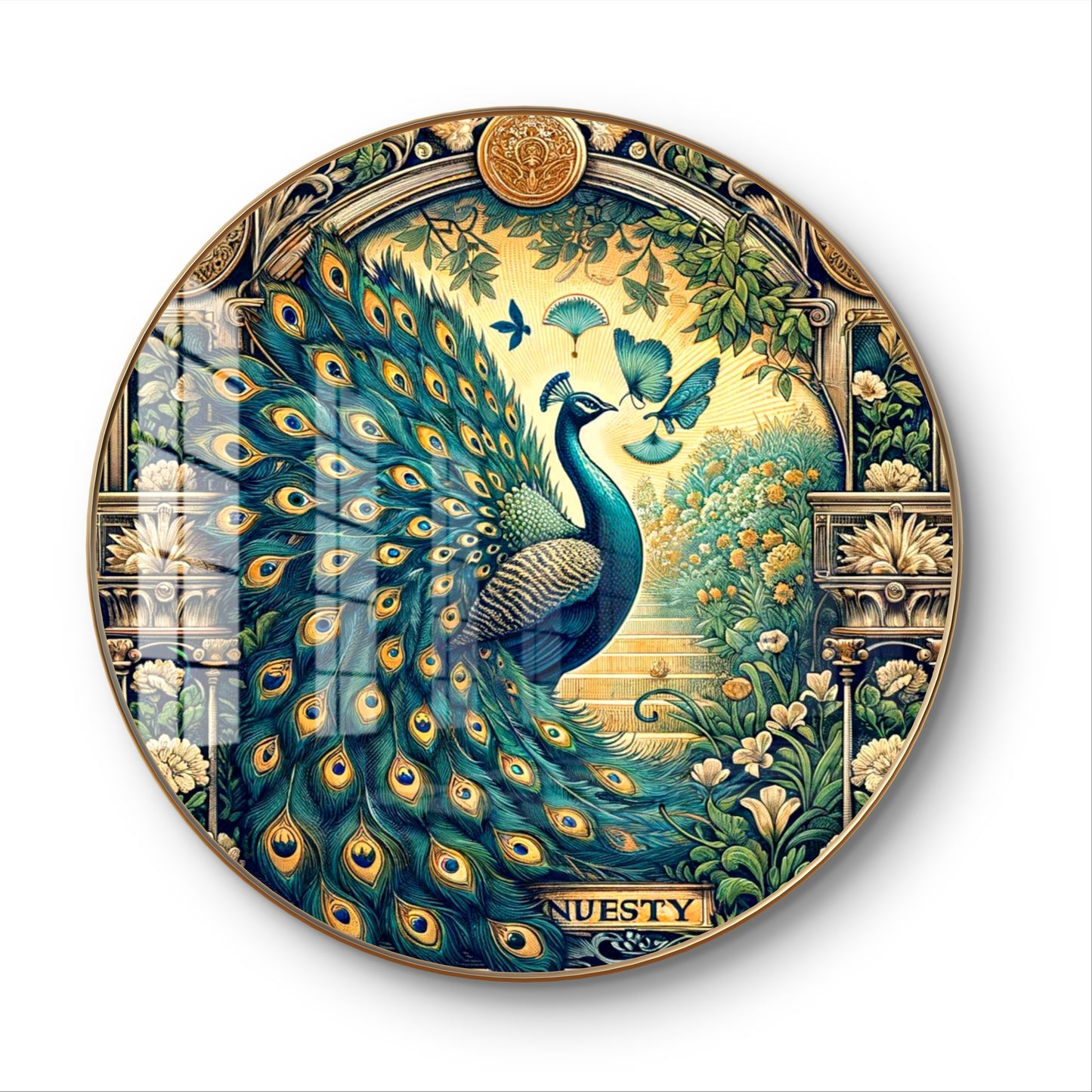 Round resin crystal peacock pichwai painting