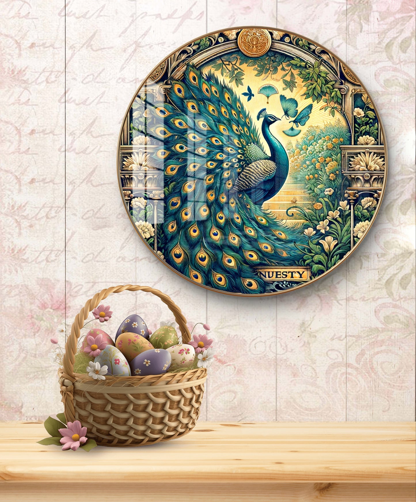 Round resin crystal peacock pichwai painting