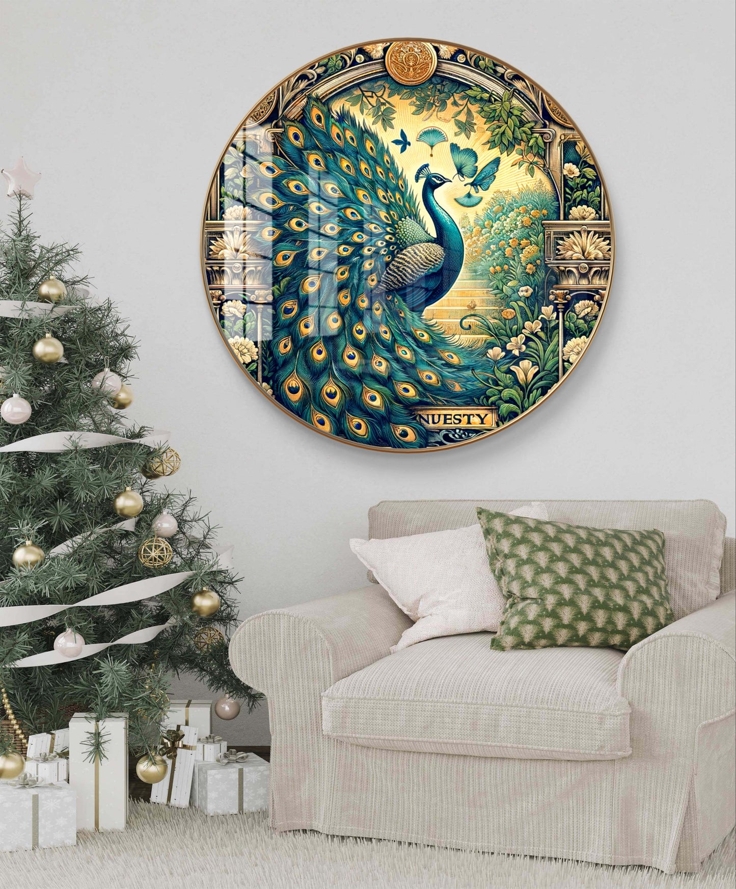 Round resin crystal peacock pichwai painting