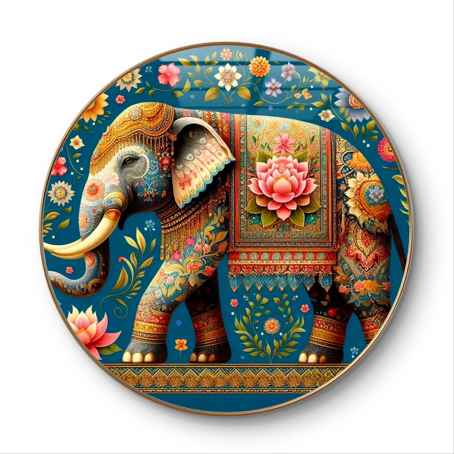 Round resin crystal elephant pichwai painting