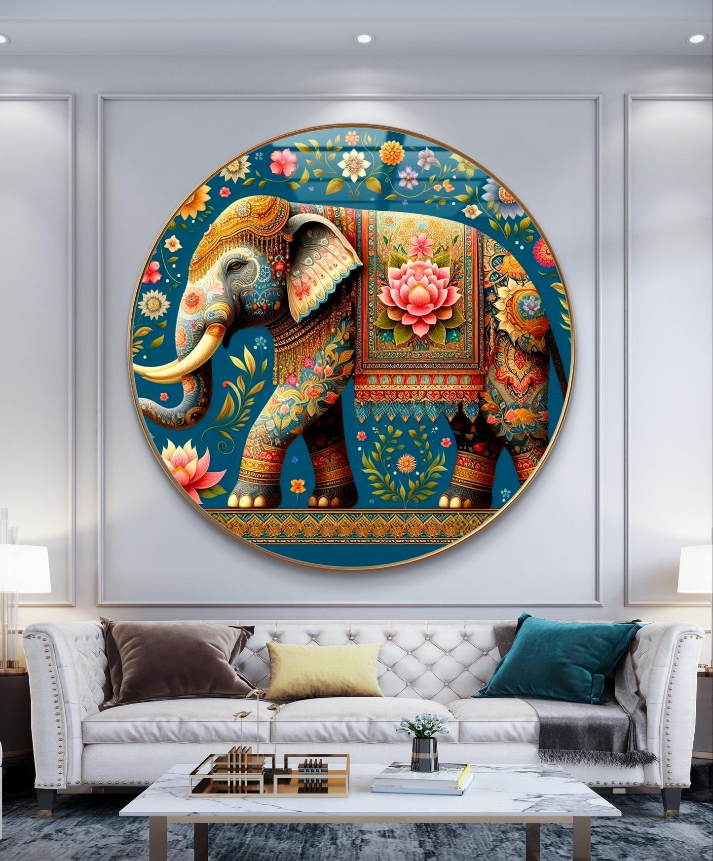 Round resin crystal elephant pichwai painting