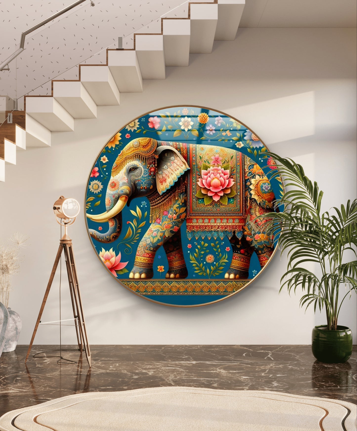 Round resin crystal elephant pichwai painting