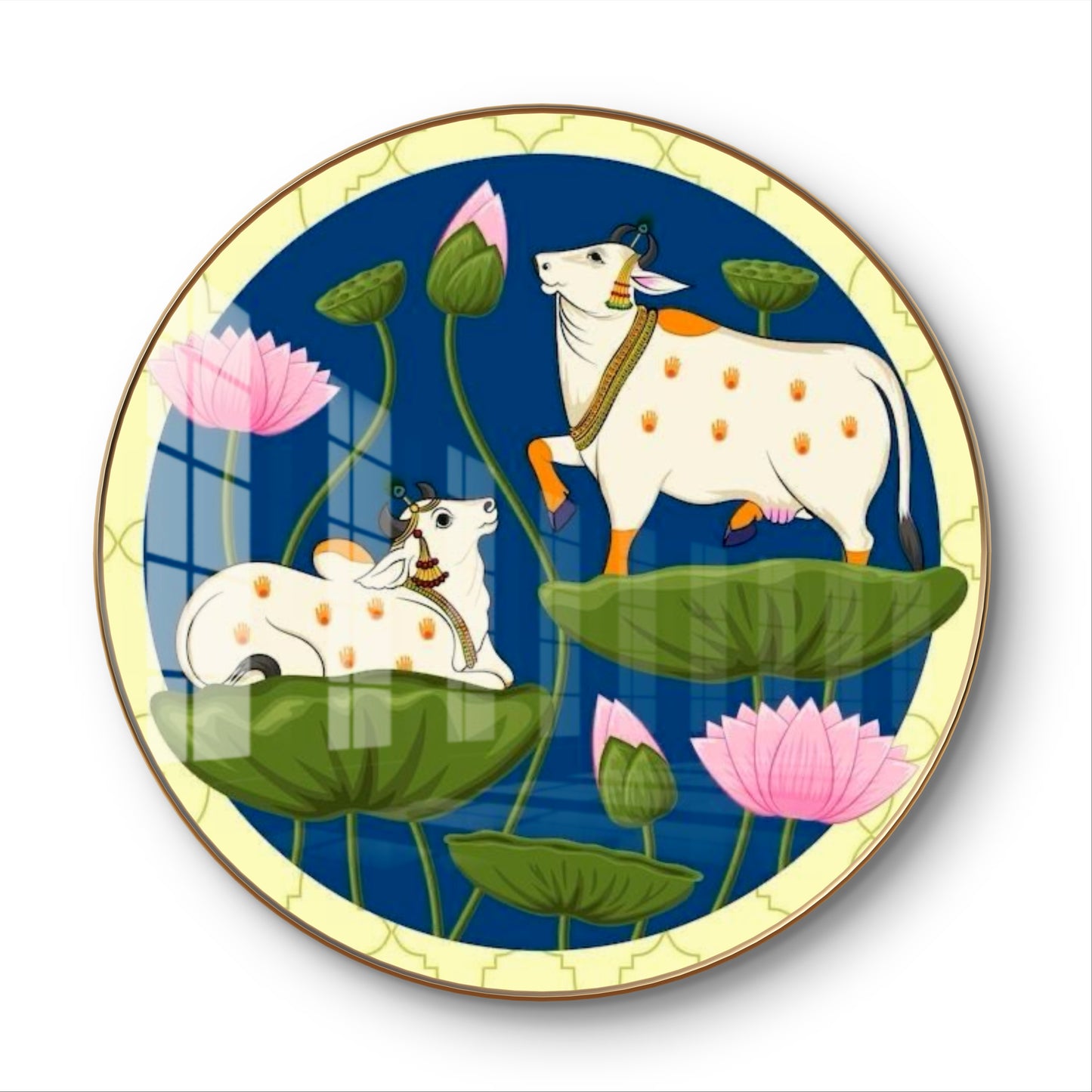 Round resin crystal cow pichwai painting