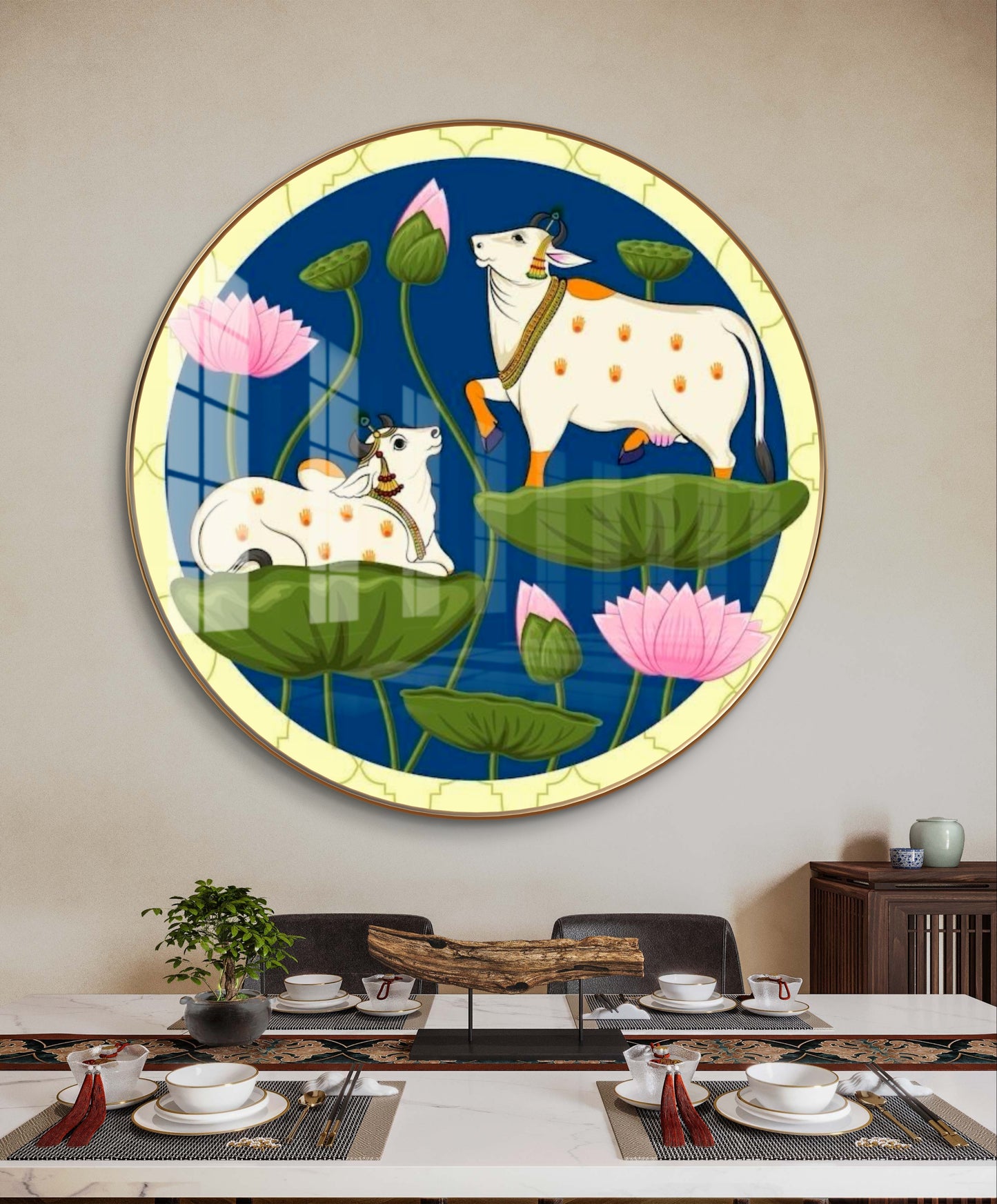 Round resin crystal cow pichwai painting