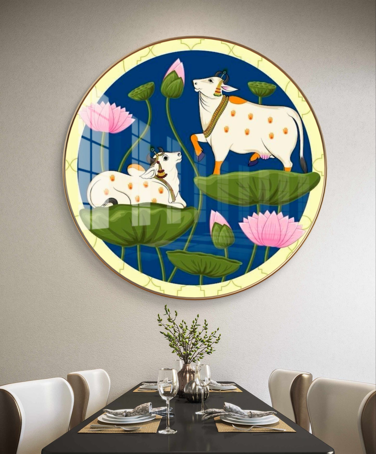 Round resin crystal cow pichwai painting
