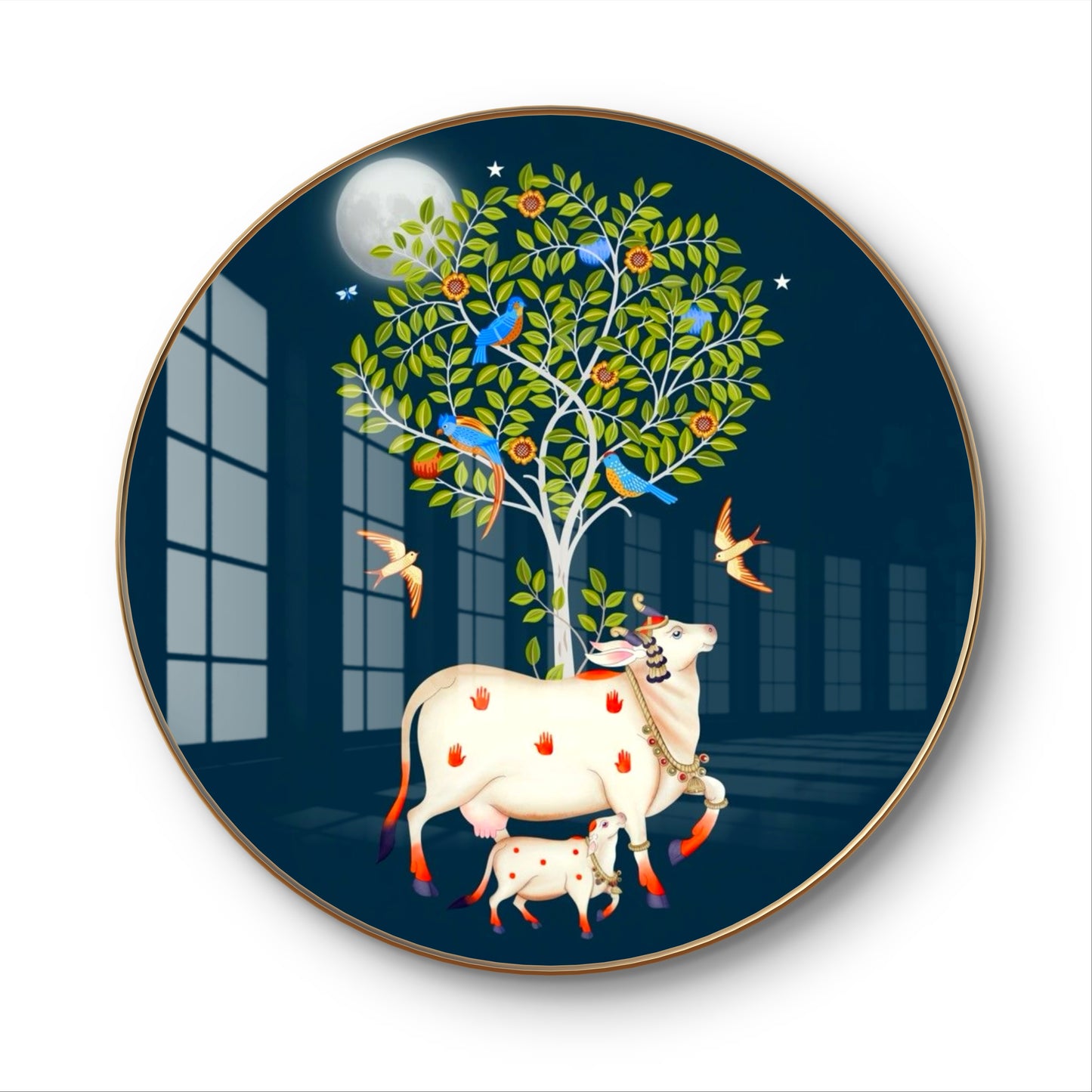 Round resin crystal cow pichwai painting with tree