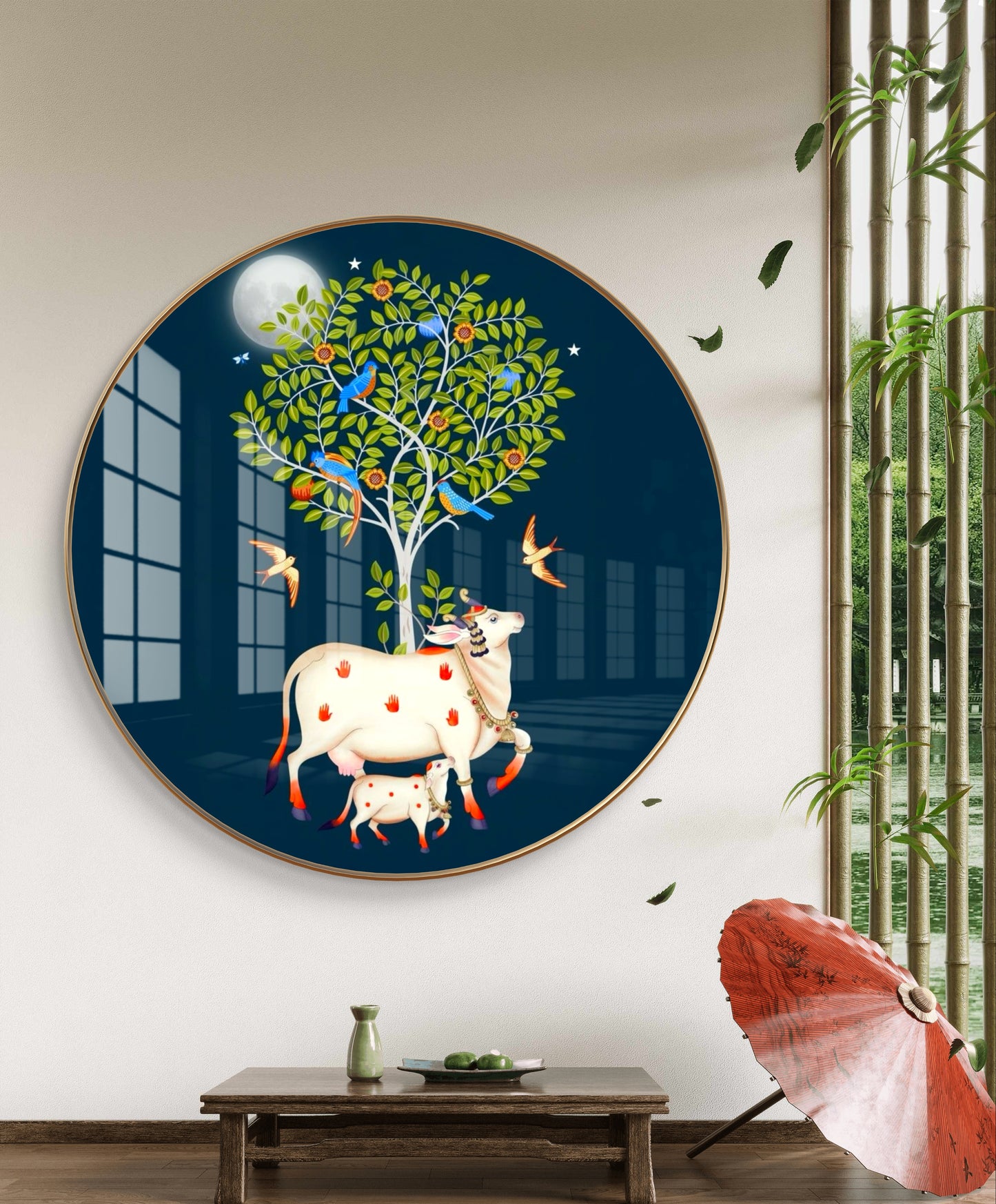 Round resin crystal cow pichwai painting with tree