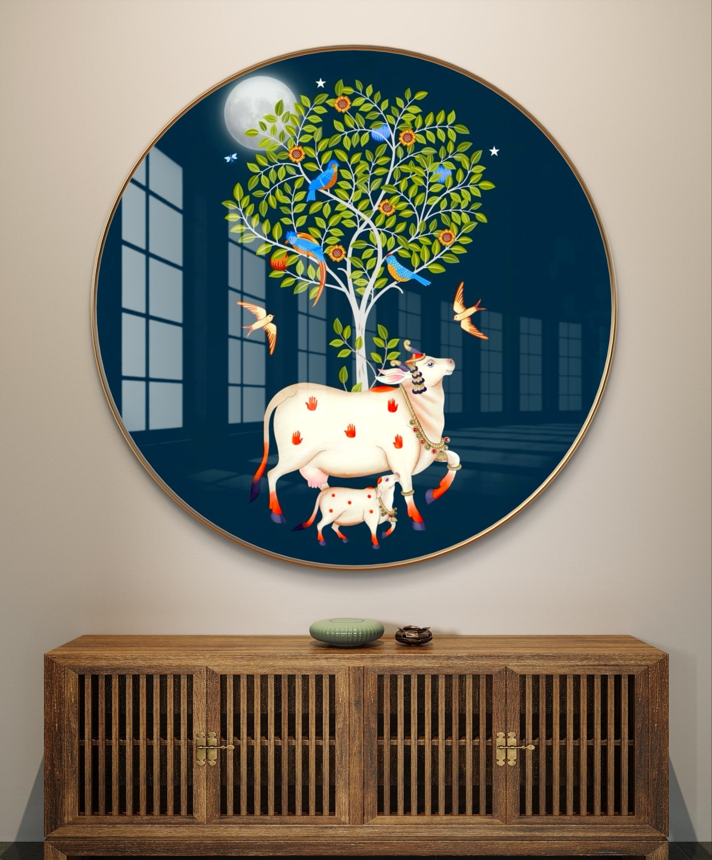 Round resin crystal cow pichwai painting with tree