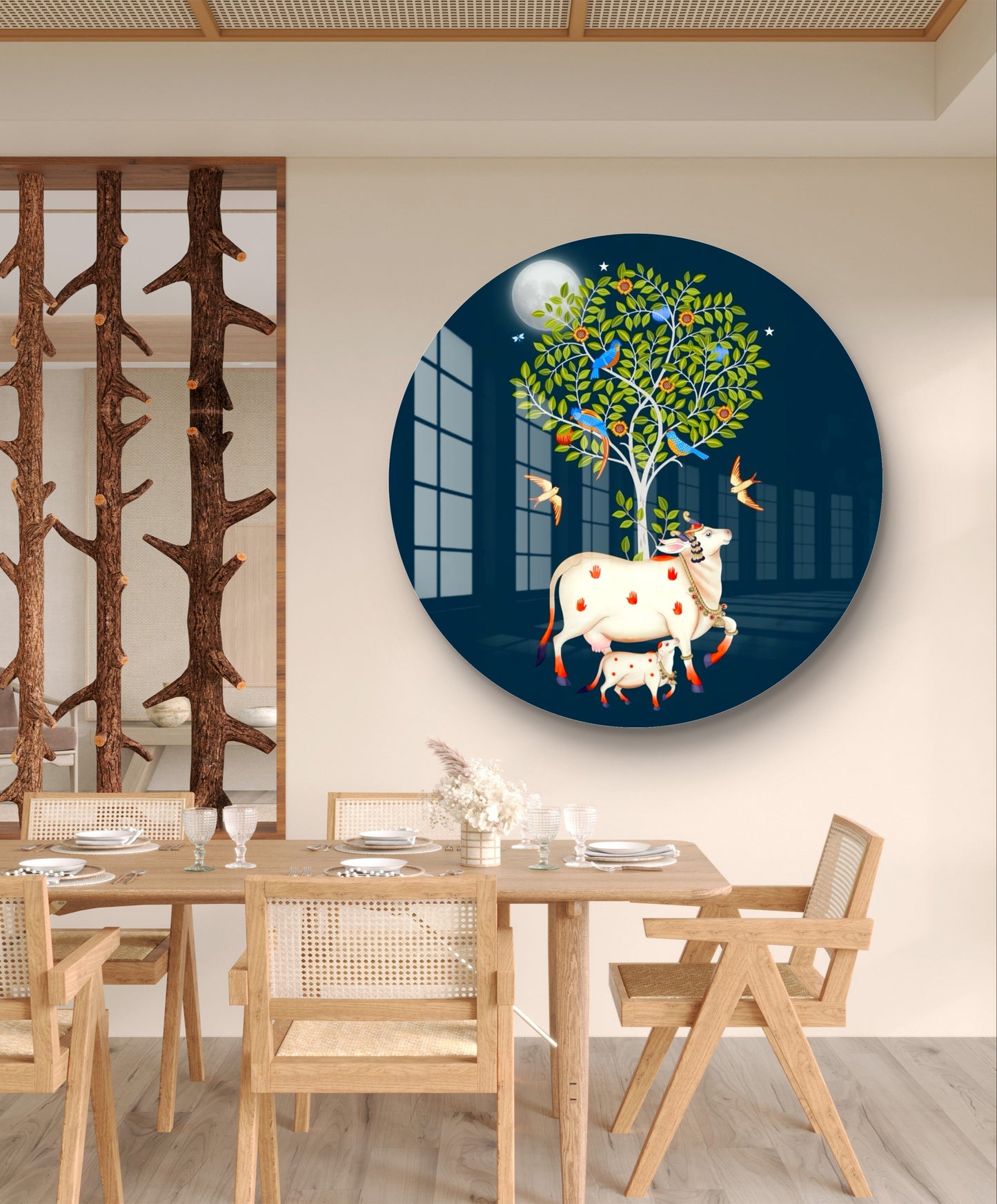 Round resin crystal cow pichwai painting with tree