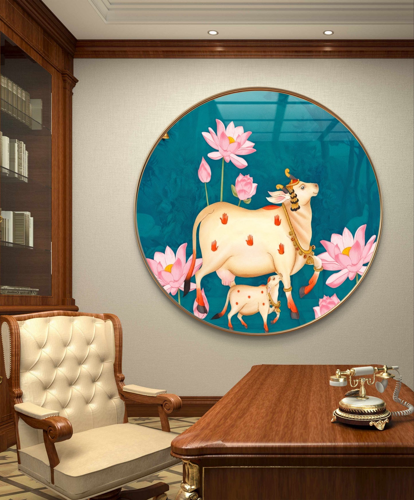 Round resin crystal cow pichwai painting