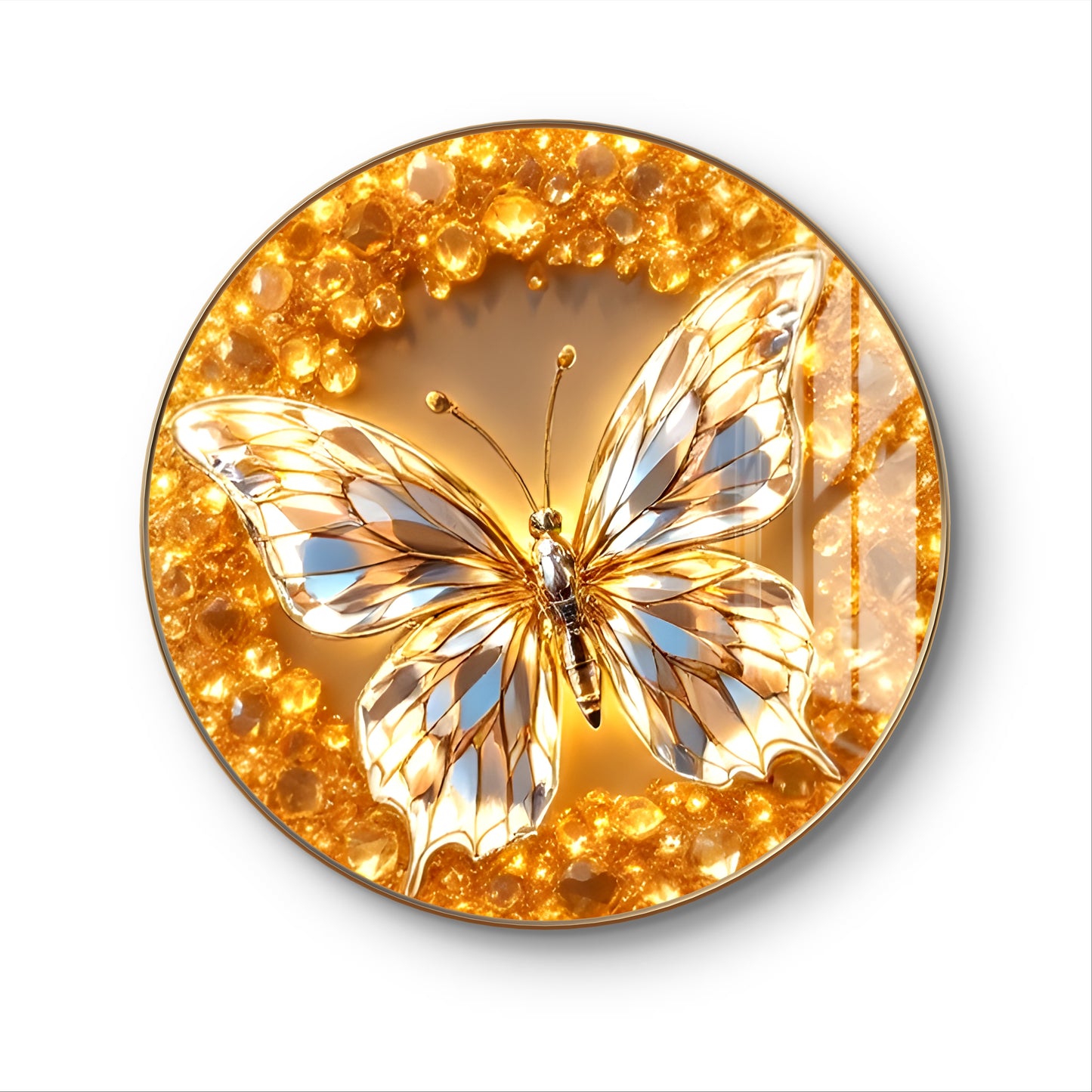 Buy Crystal Glass painting Framed - Round Golden Butterfly