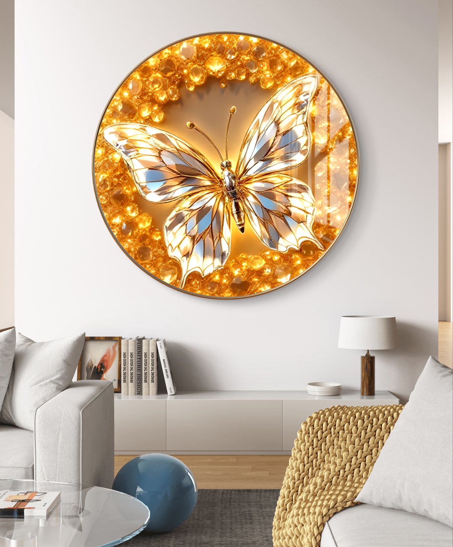 Buy Crystal Glass painting Framed - Round Golden Butterfly