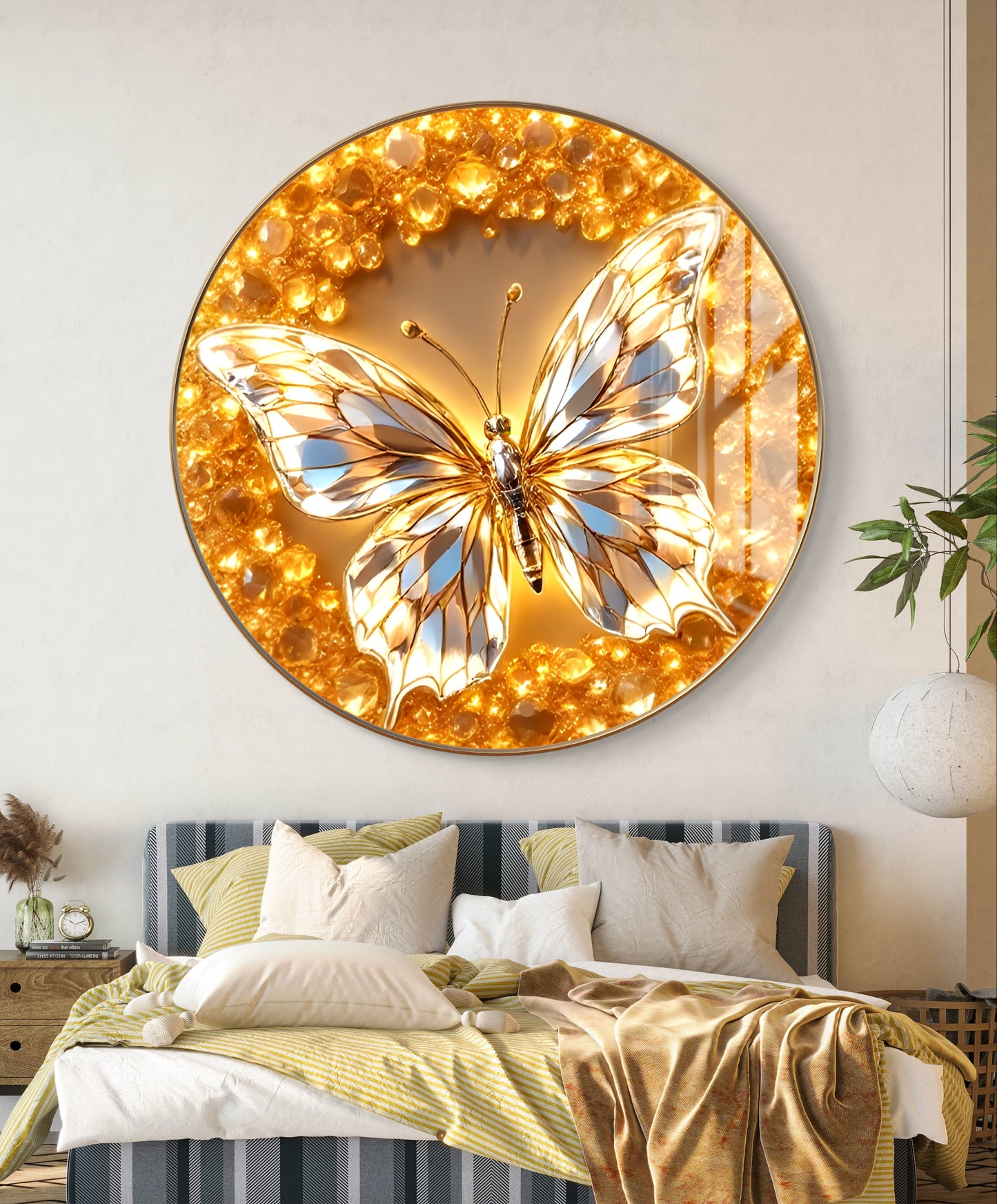 Buy Crystal Glass painting Framed - Round Golden Butterfly