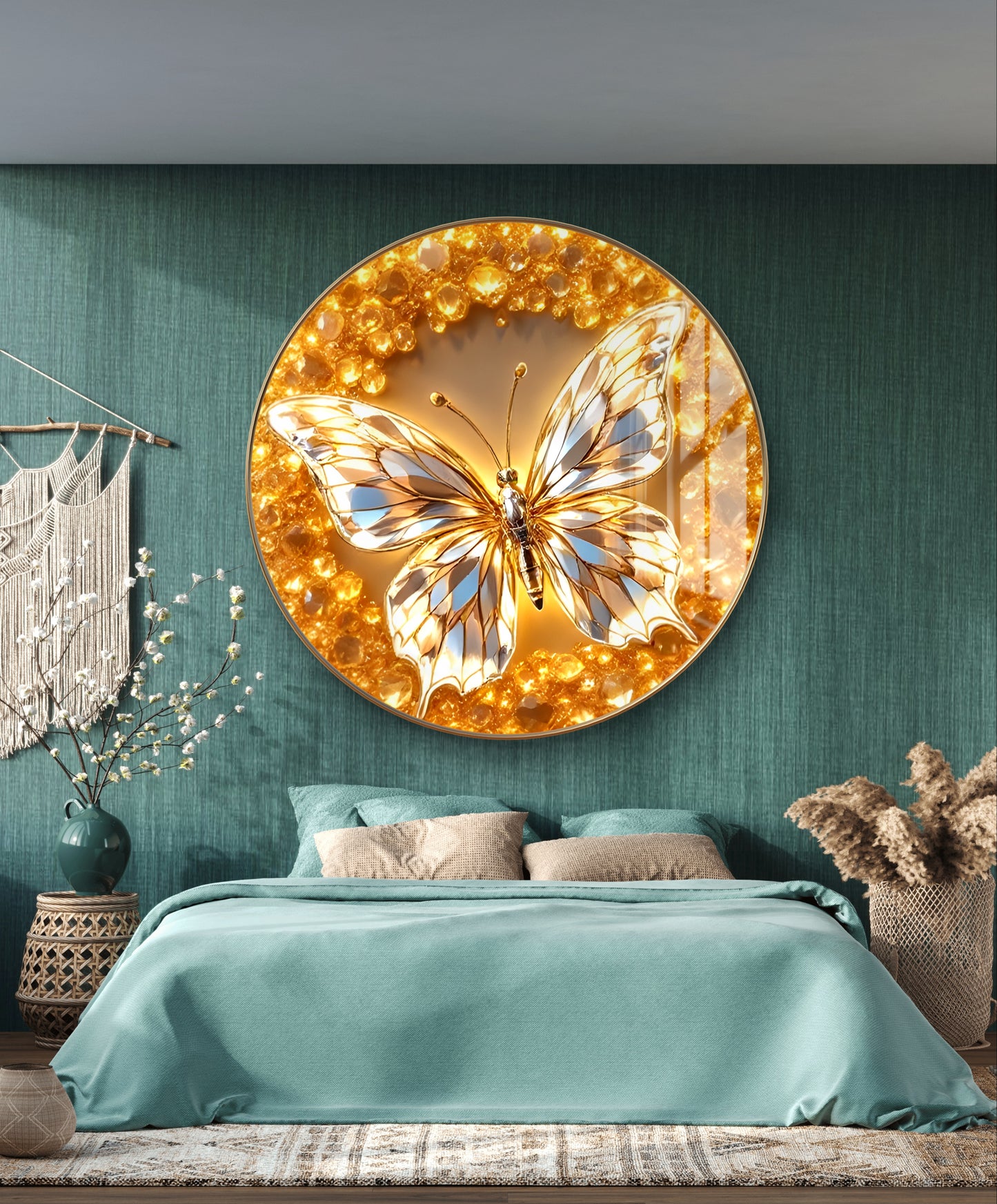 Buy Crystal Glass painting Framed - Round Golden Butterfly