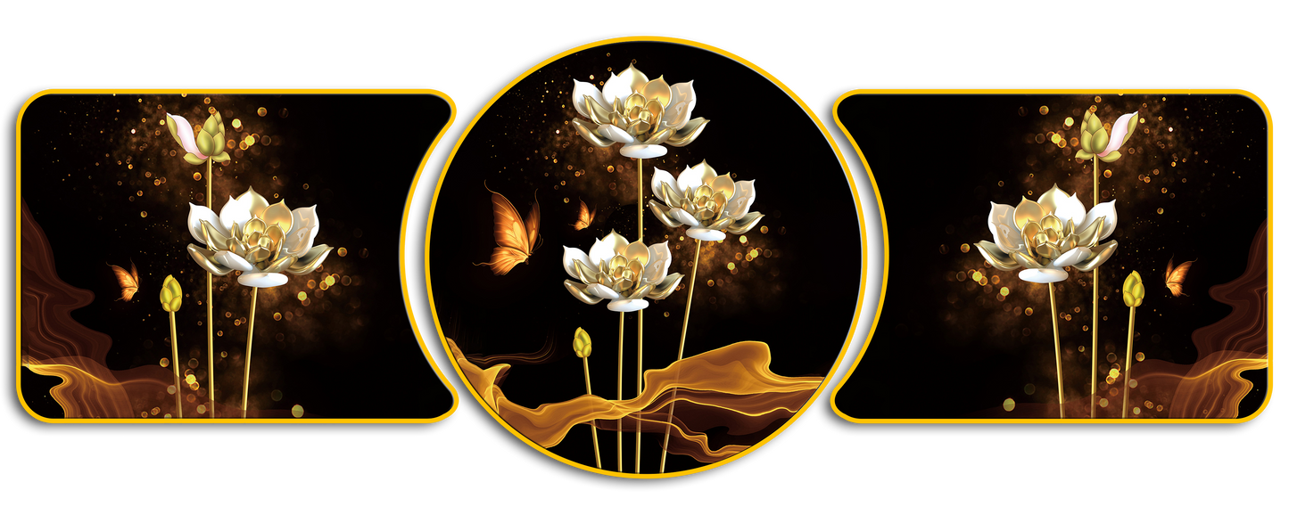 “Golden Lotus Symphony Majestic Golden Deer with Trees & Waves Framed Crystal Glass Framed Wall Paintings For Wall Decoration at Home & Wall Decoration items - Set of 3