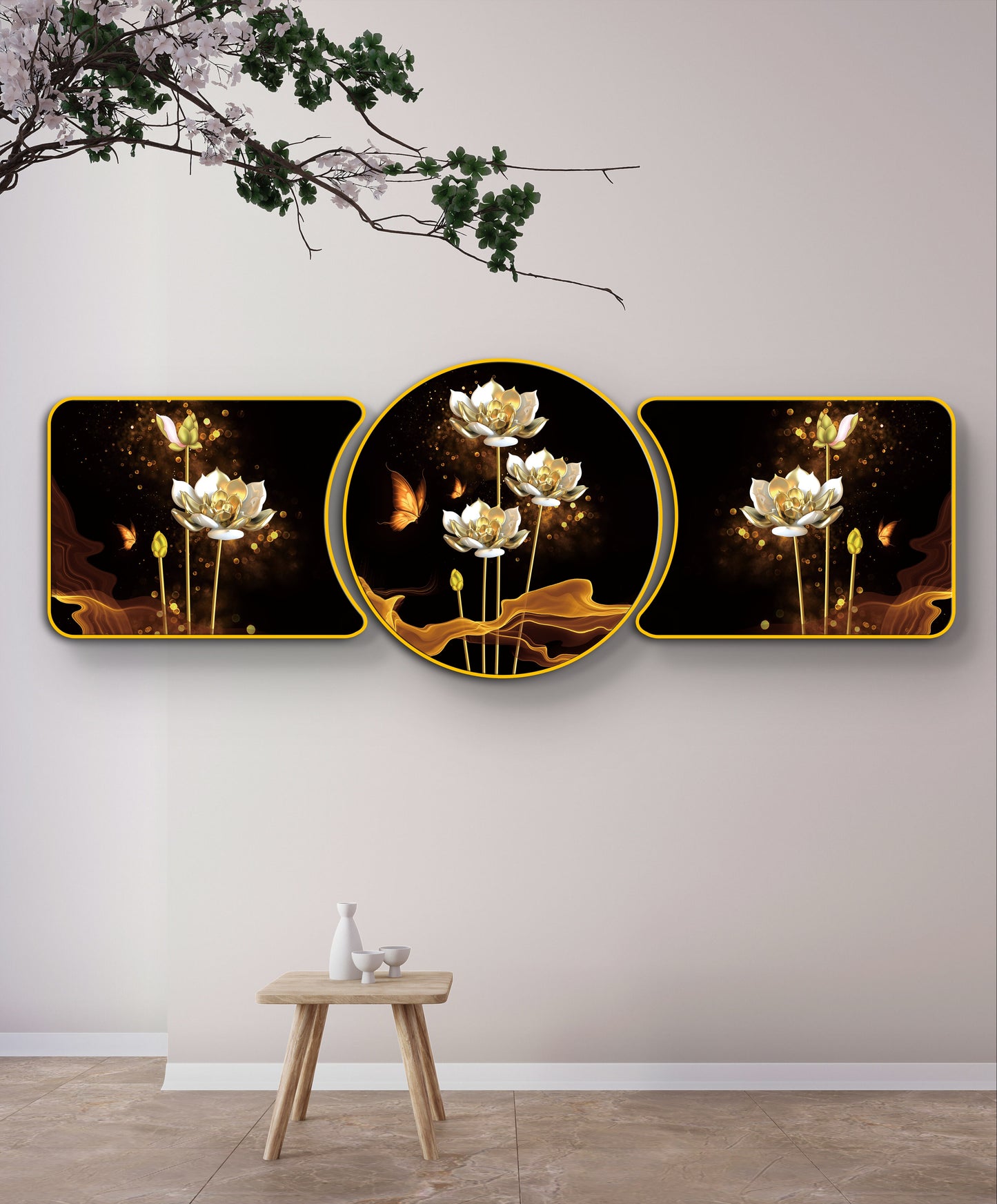 “Golden Lotus Symphony Majestic Golden Deer with Trees & Waves Framed Crystal Glass Framed Wall Paintings For Wall Decoration at Home & Wall Decoration items - Set of 3