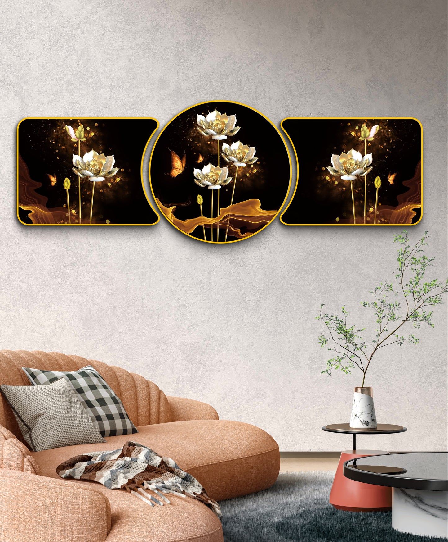 “Golden Lotus Symphony Majestic Golden Deer with Trees & Waves Framed Crystal Glass Framed Wall Paintings For Wall Decoration at Home & Wall Decoration items - Set of 3