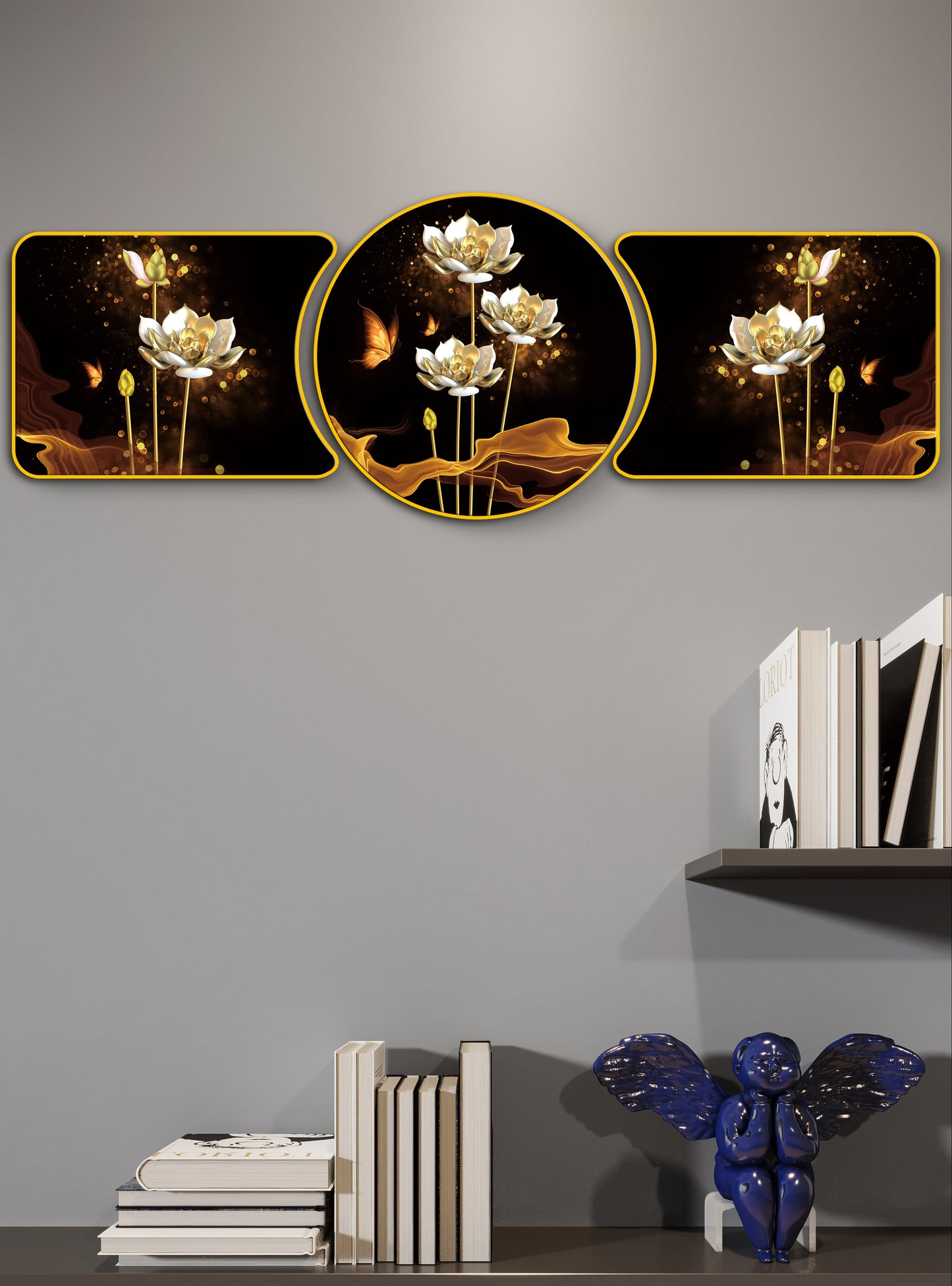 “Golden Lotus Symphony Majestic Golden Deer with Trees & Waves Framed Crystal Glass Framed Wall Paintings For Wall Decoration at Home & Wall Decoration items - Set of 3