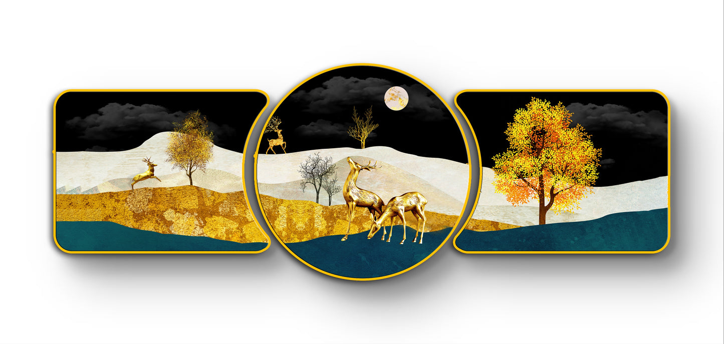 Golden Tree with Deer Majestic Golden Deer with Trees & Waves Framed Crystal Glass Framed Wall Paintings For Wall Decoration at Home & Wall Decoration items - Set of 3