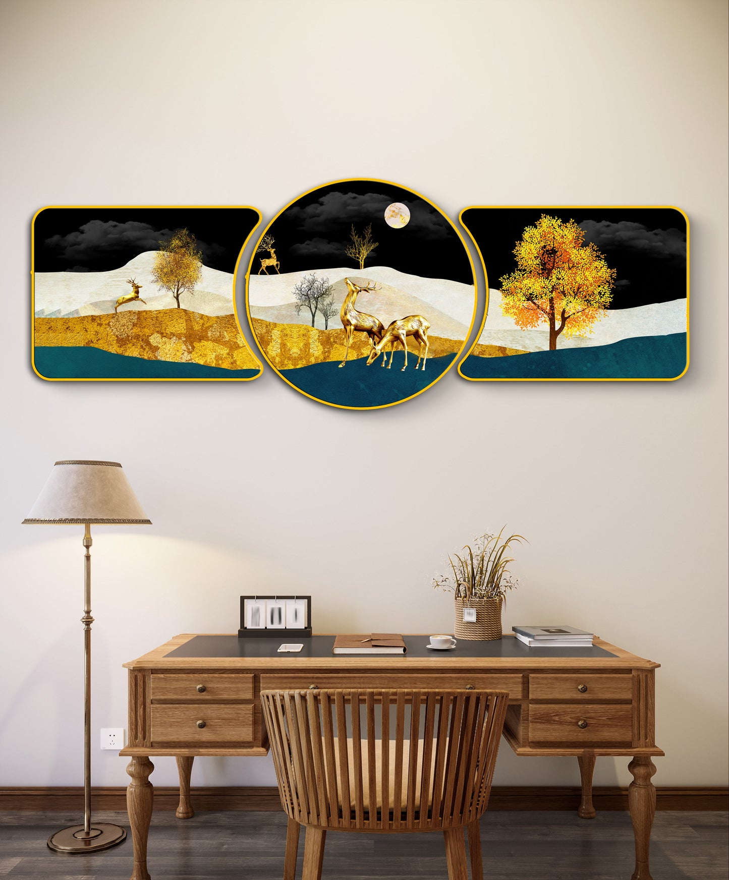 Golden Tree with Deer Majestic Golden Deer with Trees & Waves Framed Crystal Glass Framed Wall Paintings For Wall Decoration at Home & Wall Decoration items - Set of 3