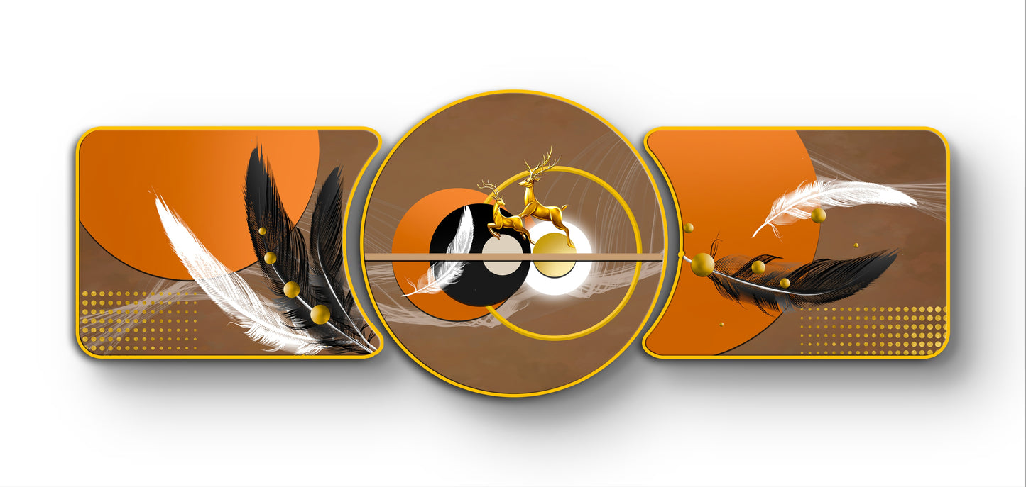 “Abstract Golden Rings with Deer – Majestic Golden Deer with Trees & Waves Framed Crystal Glass Framed Wall Paintings For Wall Decoration at Home & Wall Decoration items - Crystal Wall Art (Set of 3)”