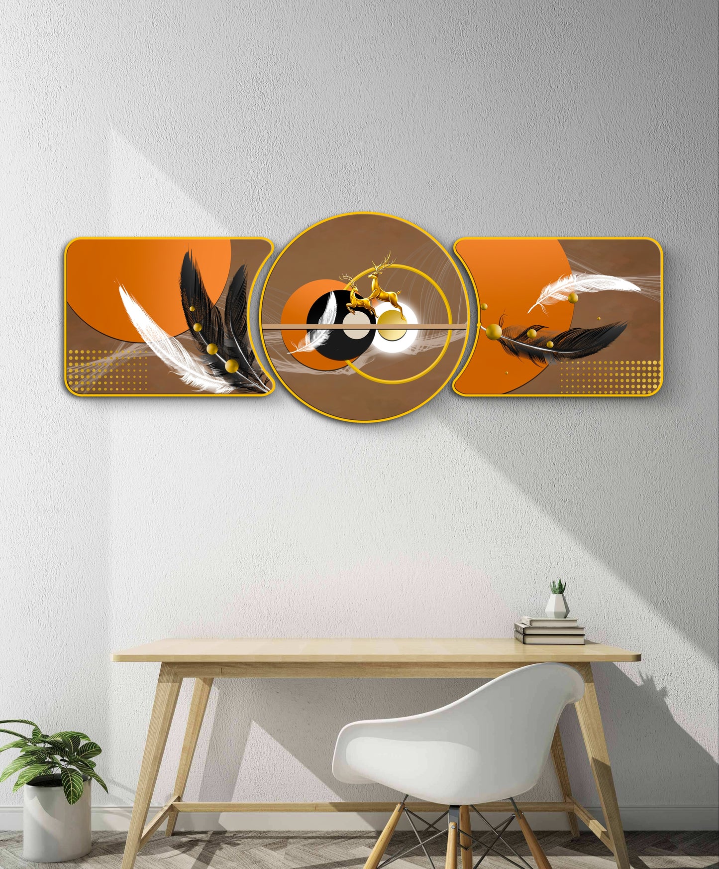 “Abstract Golden Rings with Deer – Majestic Golden Deer with Trees & Waves Framed Crystal Glass Framed Wall Paintings For Wall Decoration at Home & Wall Decoration items - Crystal Wall Art (Set of 3)”