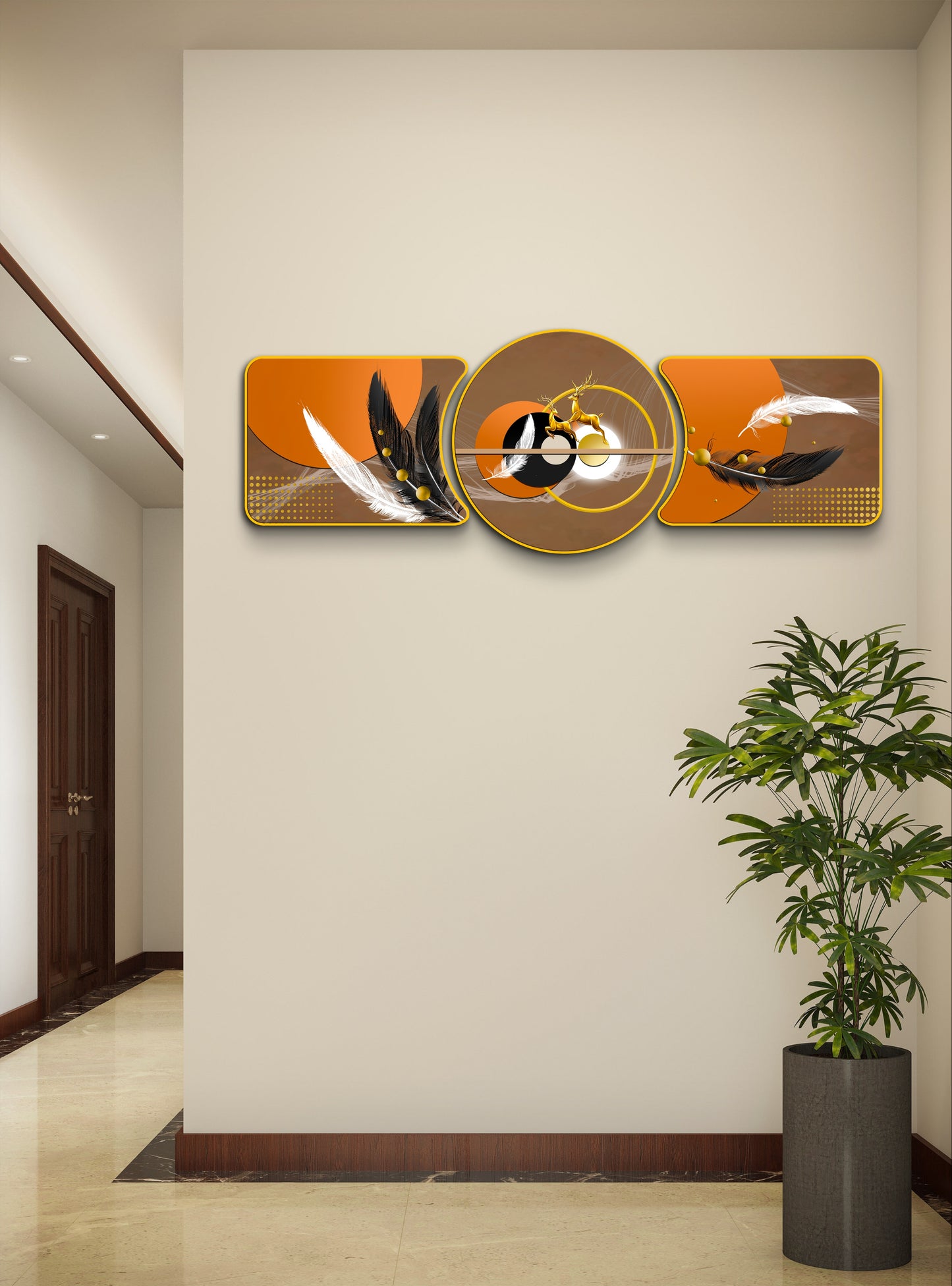 “Abstract Golden Rings with Deer – Majestic Golden Deer with Trees & Waves Framed Crystal Glass Framed Wall Paintings For Wall Decoration at Home & Wall Decoration items - Crystal Wall Art (Set of 3)”