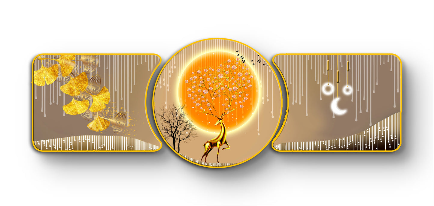 Majestic Deer Accents Majestic Golden Deer with Trees & Waves Framed Crystal Glass Framed Wall Paintings For Wall Decoration at Home & Wall Decoration items - Set of 3