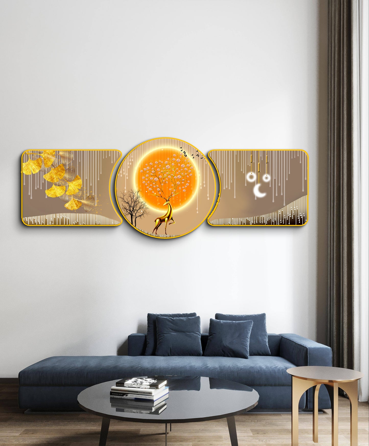 Majestic Deer Accents Majestic Golden Deer with Trees & Waves Framed Crystal Glass Framed Wall Paintings For Wall Decoration at Home & Wall Decoration items - Set of 3
