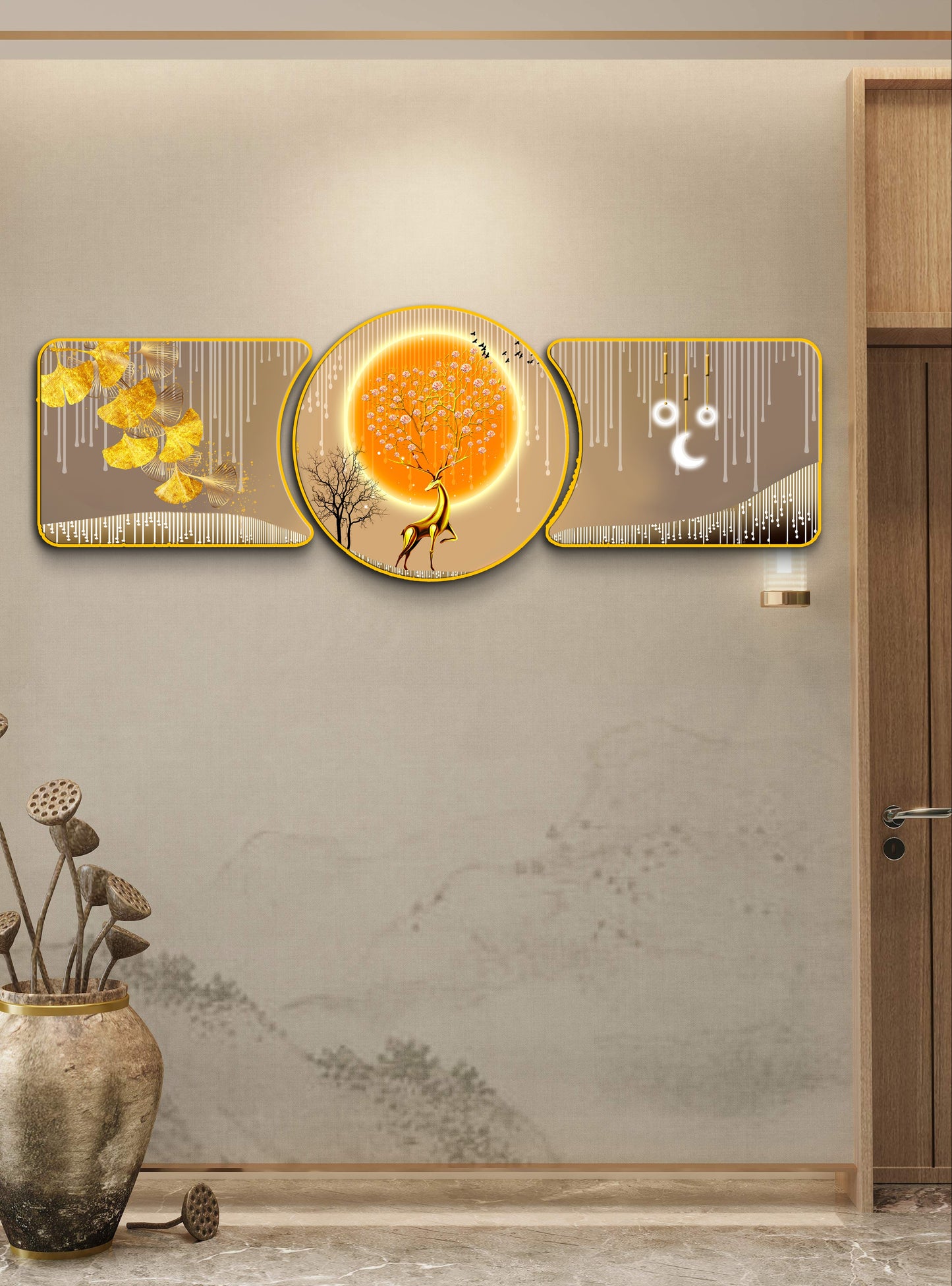 Majestic Deer Accents Majestic Golden Deer with Trees & Waves Framed Crystal Glass Framed Wall Paintings For Wall Decoration at Home & Wall Decoration items - Set of 3