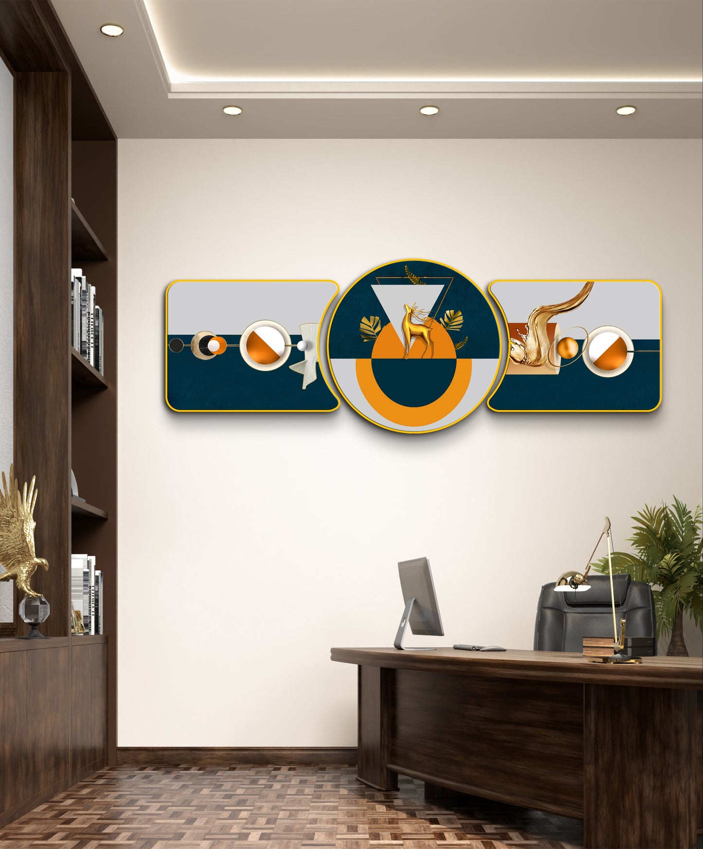 “Aurora Gold Majestic Golden Deer with Trees & Waves Framed Crystal Glass Framed Wall Paintings For Wall Decoration at Home & Wall Decoration items - Set of 3
