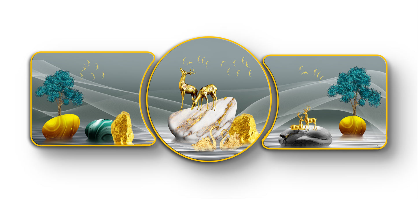 Gold Deer & Marbles Majestic Golden Deer with Trees & Waves Framed Crystal Glass Framed Wall Paintings For Wall Decoration at Home & Wall Decoration items - Set of 3