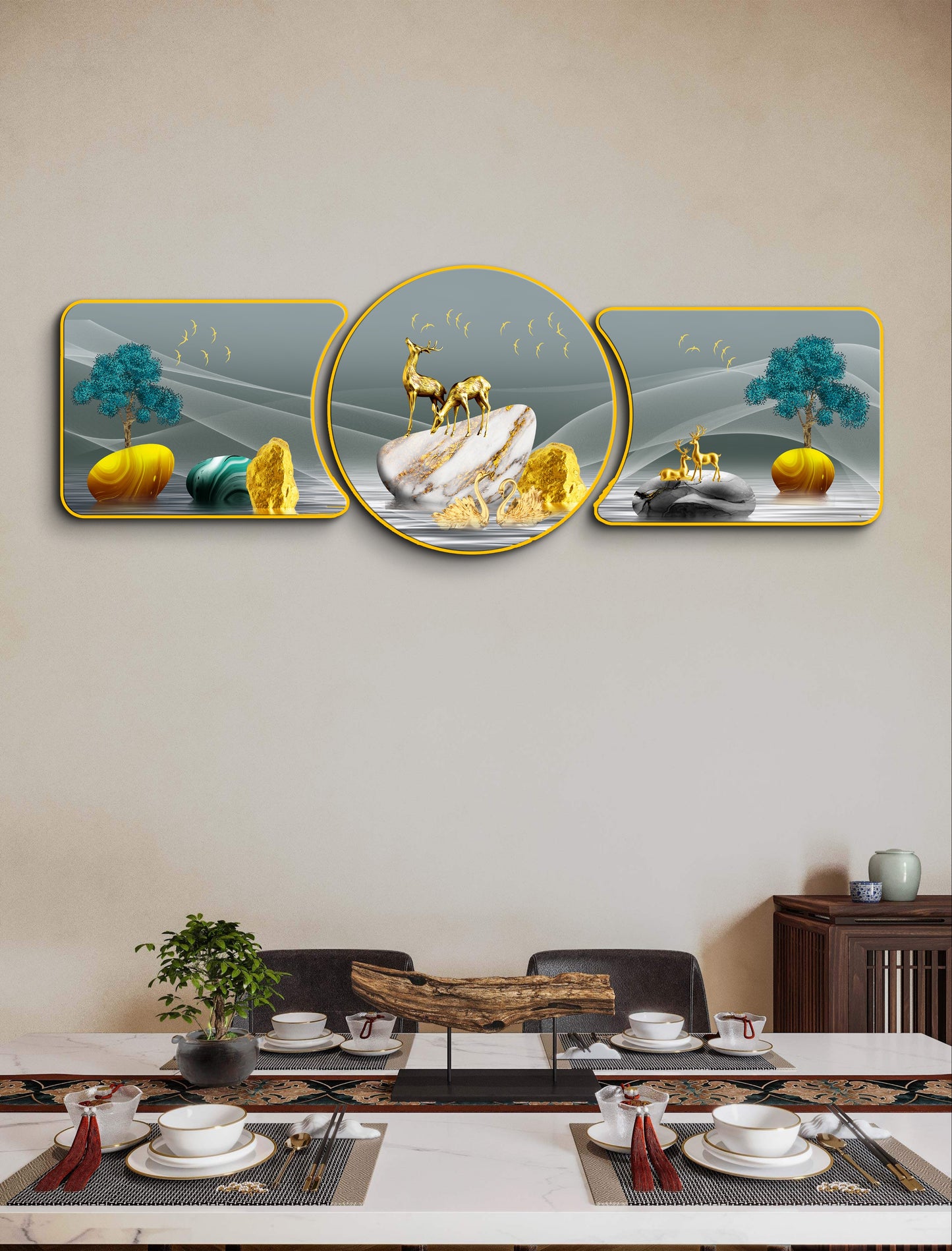 Gold Deer & Marbles Majestic Golden Deer with Trees & Waves Framed Crystal Glass Framed Wall Paintings For Wall Decoration at Home & Wall Decoration items - Set of 3