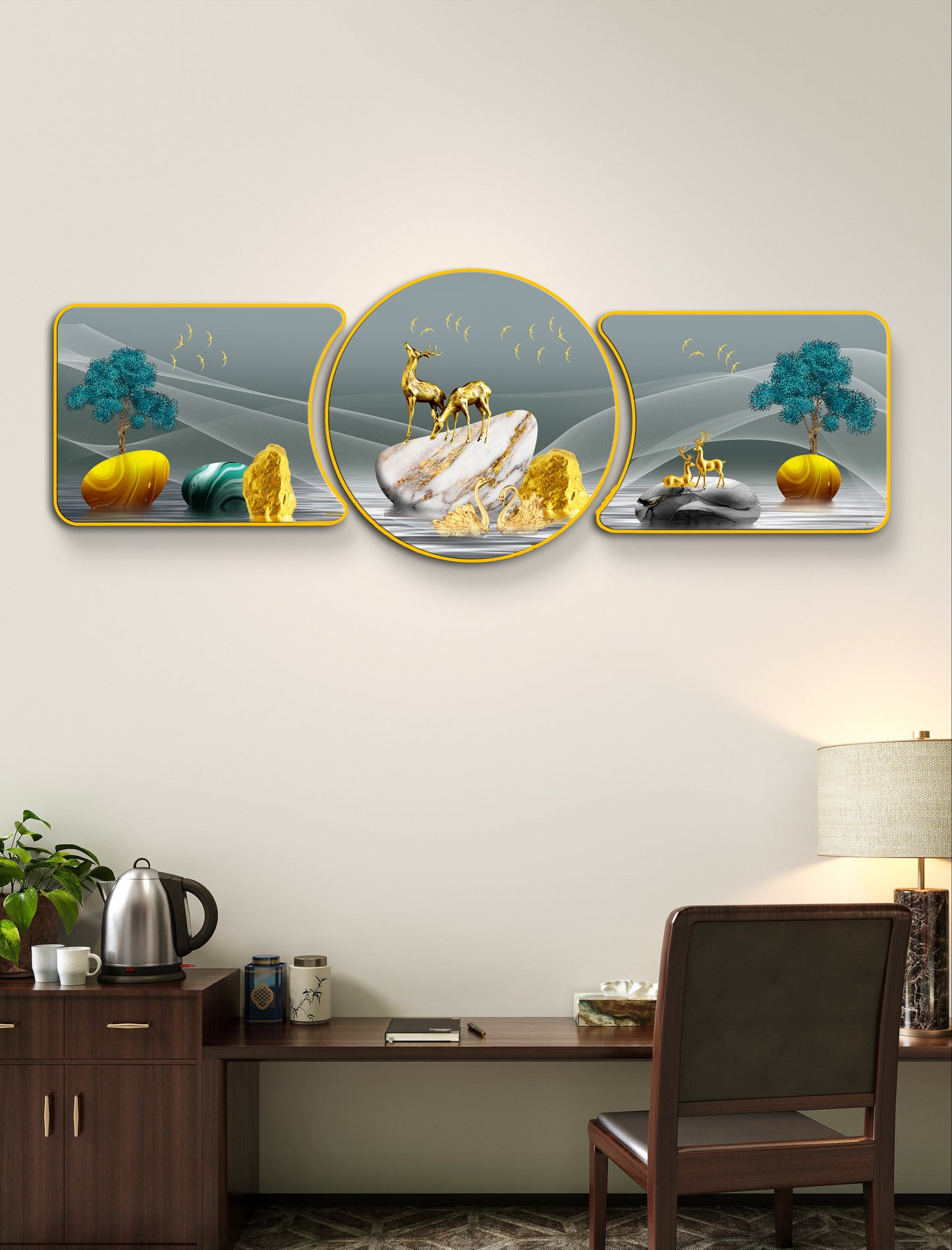Gold Deer & Marbles Majestic Golden Deer with Trees & Waves Framed Crystal Glass Framed Wall Paintings For Wall Decoration at Home & Wall Decoration items - Set of 3