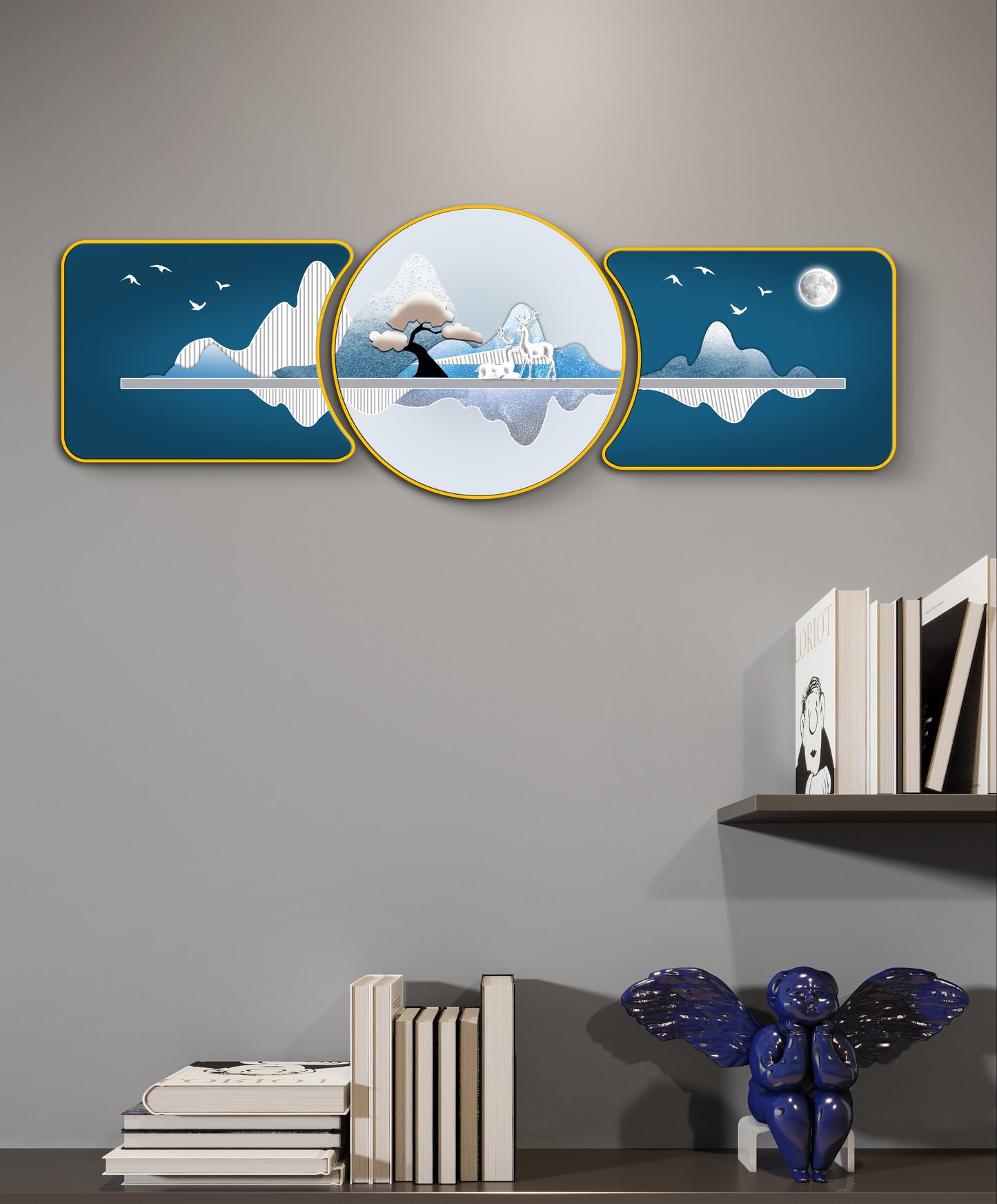 Blue Mountains Golden Deer Majestic Golden Deer with Trees & Waves Framed Crystal Glass Framed Wall Paintings For Wall Decoration at Home & Wall Decoration items - Set of 3
